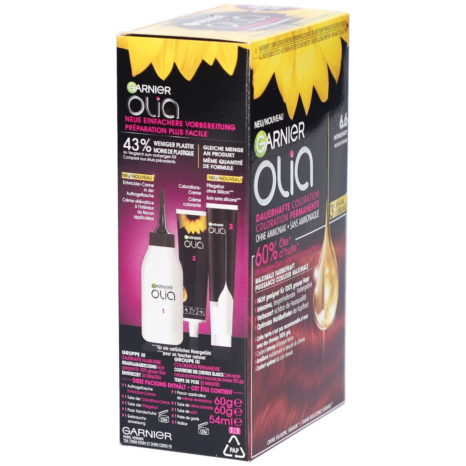 Pack de coloration Garnier Olia. Contient flacon applicateur, tubes de crème et instructions. 43% moins de plastique.