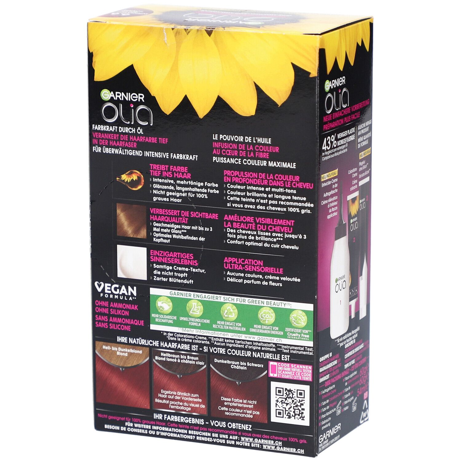 Dos de l'emballage de coloration Garnier Olia. Contient informations produit, exemples d'application et ingrédients.