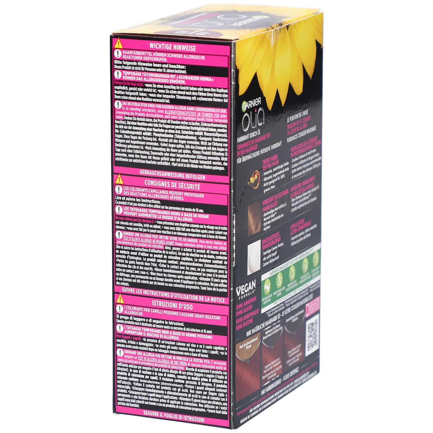 Emballage de coloration Garnier Olia. Contient des informations importantes et des consignes de sécurité en plusieurs langues.