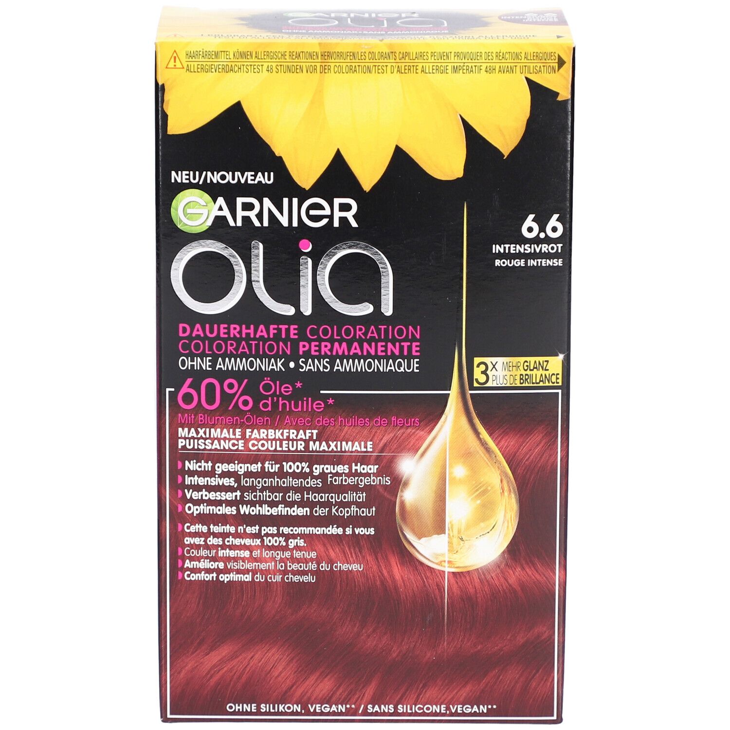 Garnier Olia coloration permanente 6.6 Rouge Intense. Boîte avec informations produit et motif tournesol. 60% d'huile.