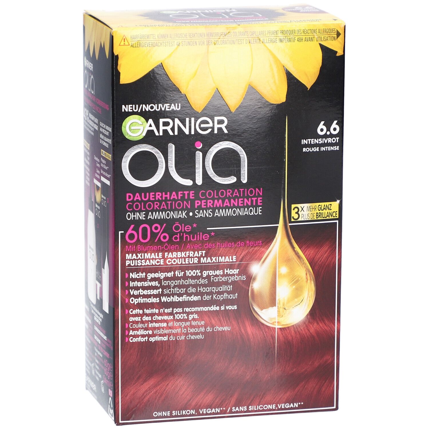 Garnier Olia coloration permanente 6.6 Rouge Intense. Boîte avec informations produit et motif tournesol. 60% d'huile.