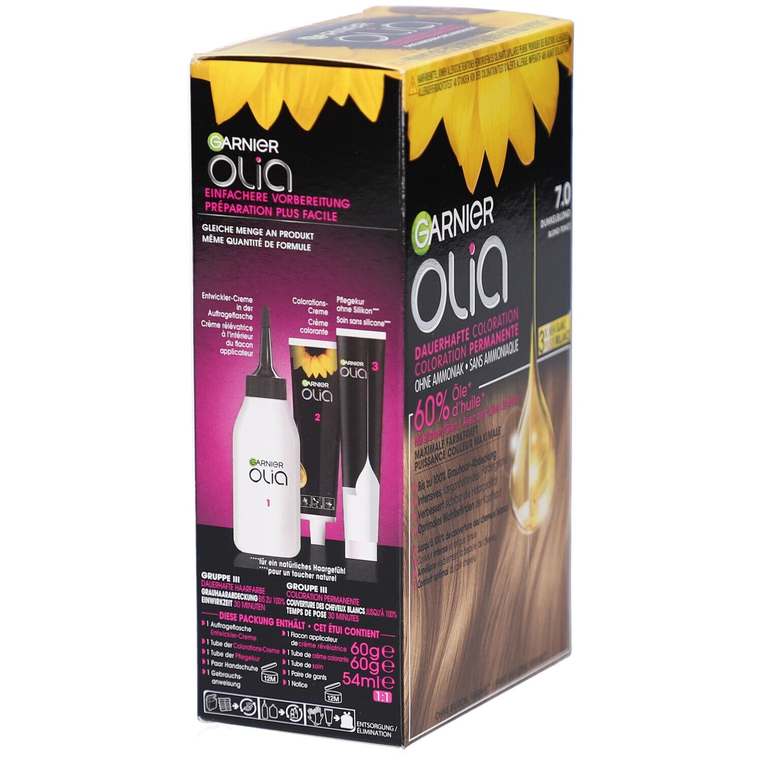 Dos de l'emballage Garnier Olia. Montre accessoires d'application: flacon, applicateur, tubes. Texte multilingue.