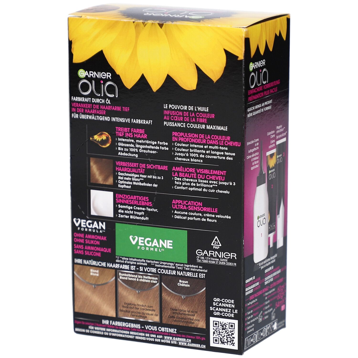 Dos de l'emballage Garnier Olia. Texte sur ingrédients, avantages et utilisation. Label Vegan.