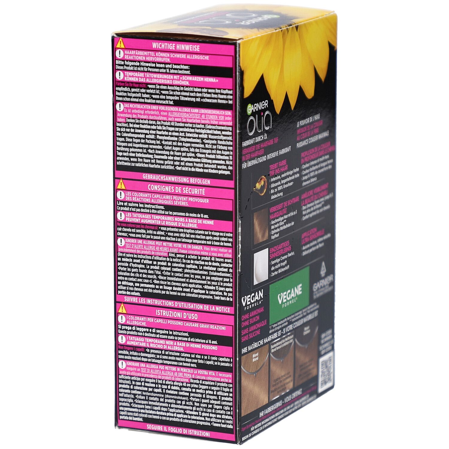 Vue latérale de l'emballage Garnier Olia. Texte multilingue, avertissements et instructions d'utilisation.