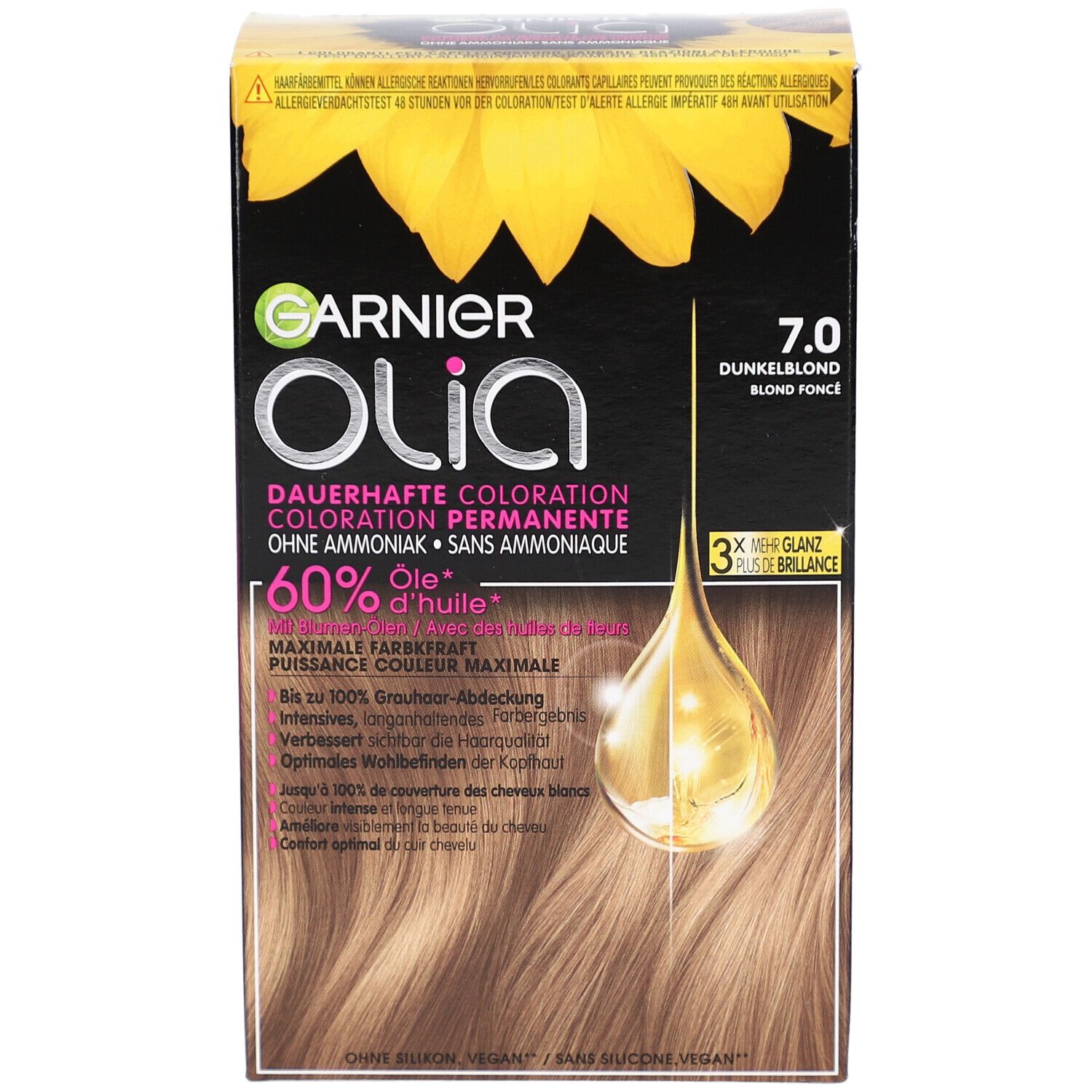 Emballage Garnier Olia, face avant. 7.0 Blond foncé, design tournesol, informations produit et logo.