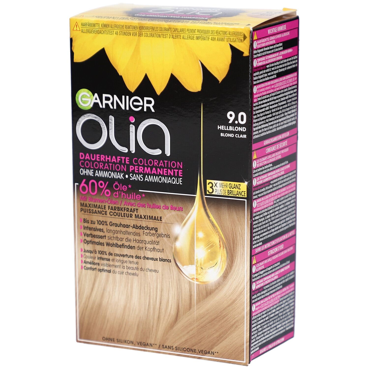 Boîte de coloration capillaire Garnier Olia 9.0 Blond Clair. Contient 60% d'huile, sans ammoniaque. Motif tournesol.