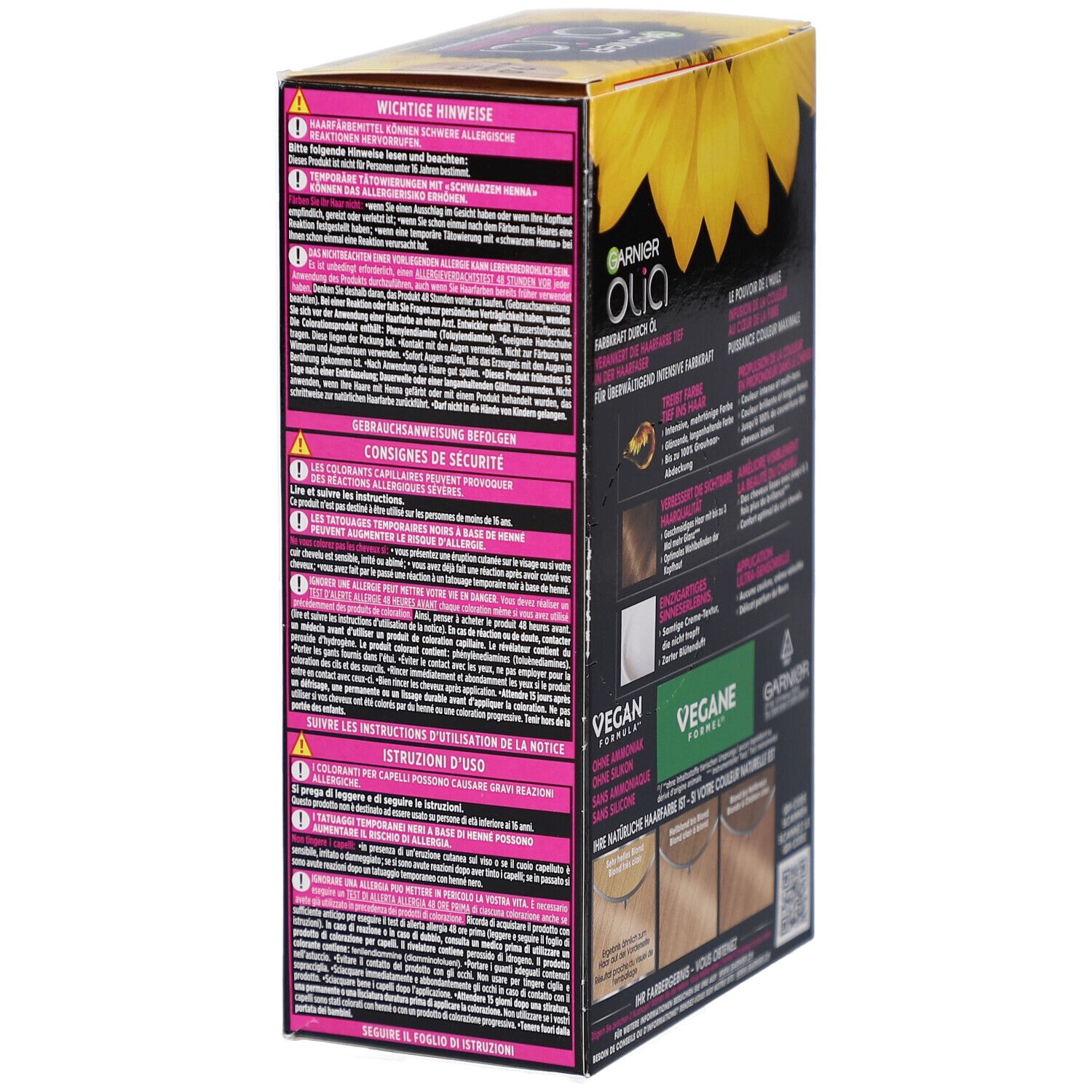 Vue latérale de la boîte de coloration capillaire. Garnier Olia. Consignes importantes et mode d'emploi. Formule végétalienne.