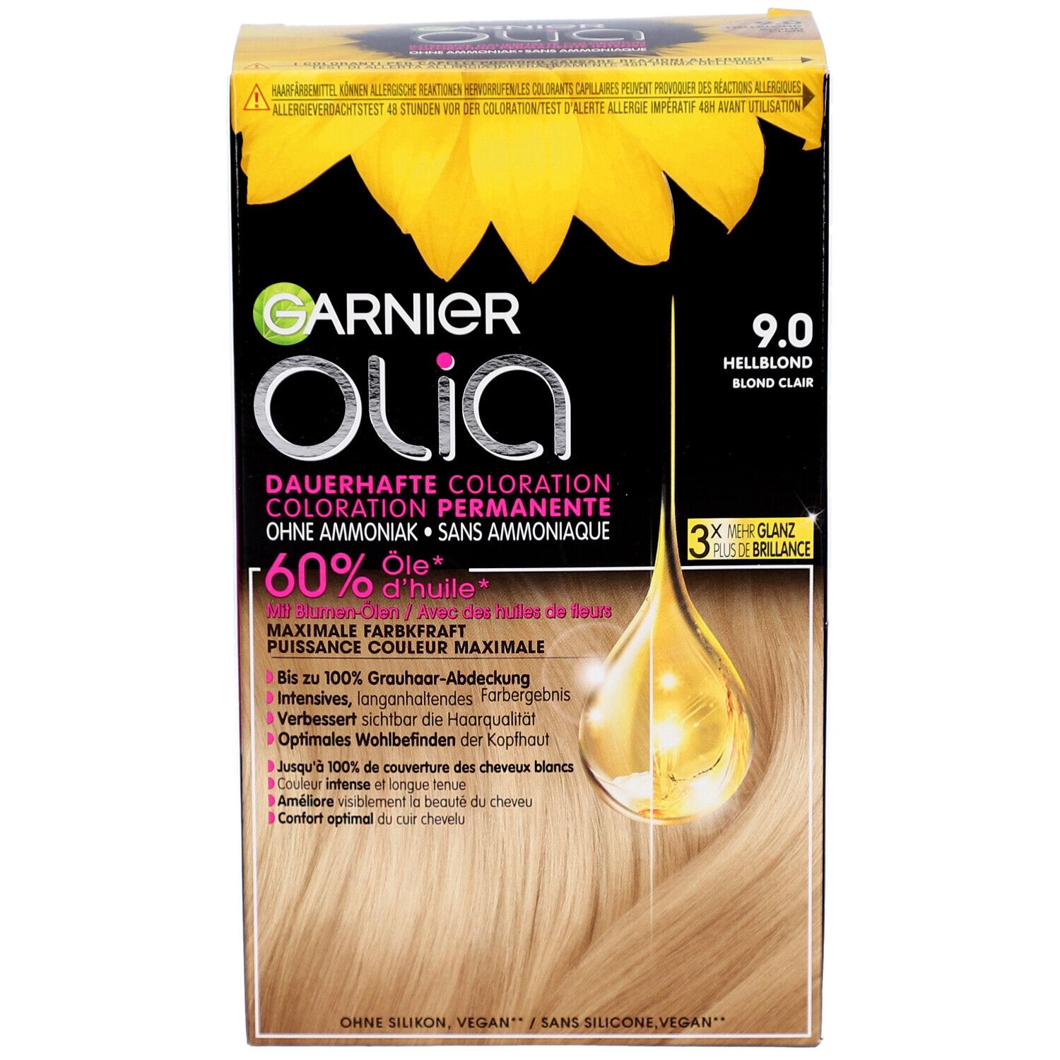 Boîte de coloration capillaire Garnier Olia 9.0 Blond Clair. Contient 60% d'huile, sans ammoniaque. Motif tournesol.