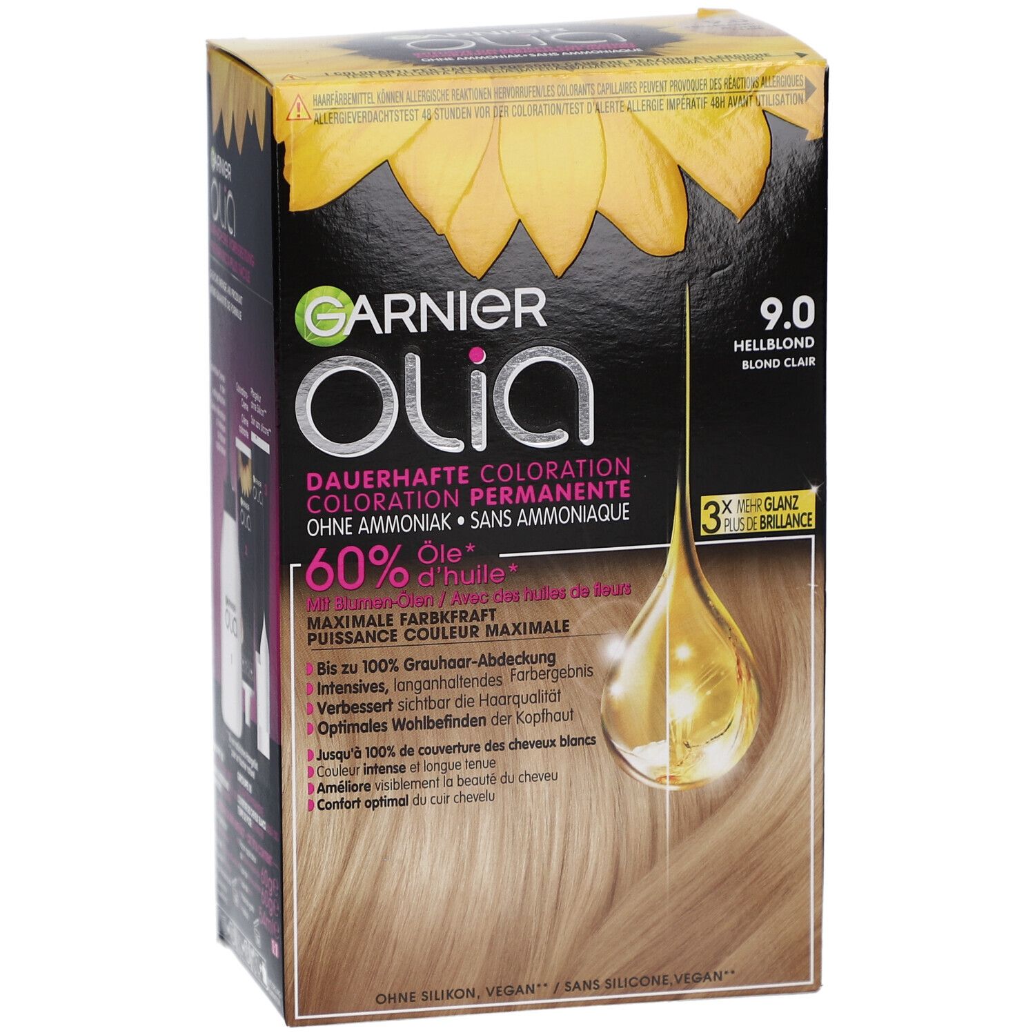 Boîte de coloration capillaire Garnier Olia 9.0 Blond Clair. Contient 60% d'huile, sans ammoniaque. Motif tournesol.