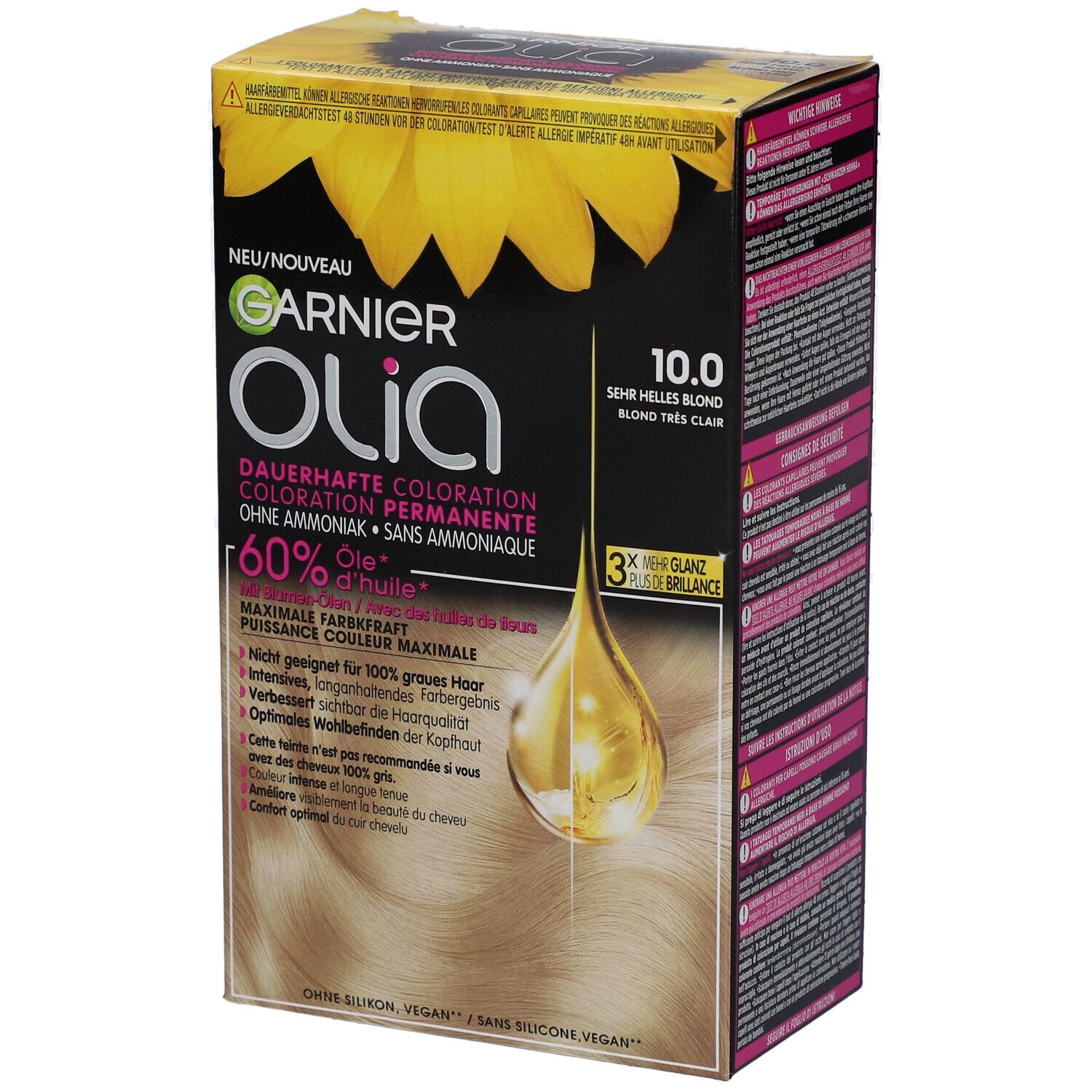 Garnier Olia Haarfarbe, 10.0 Sehr helles Blond. Verpackung mit Sonnenblumen-Design und Produktinformationen.