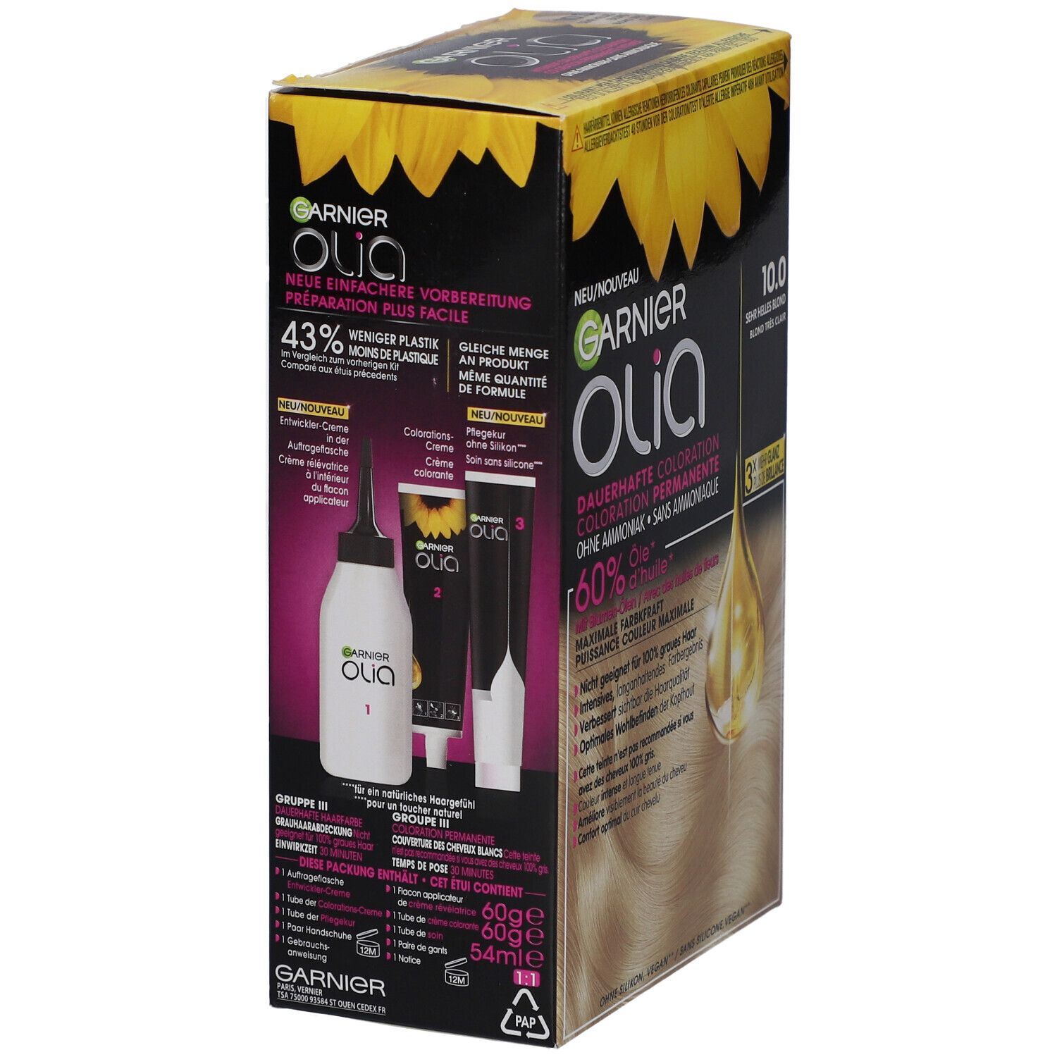 Garnier Olia Haarfarbe, Verpackung mit Inhaltsstoffen: Flasche, Applikator, Creme. Details und Anweisungen.