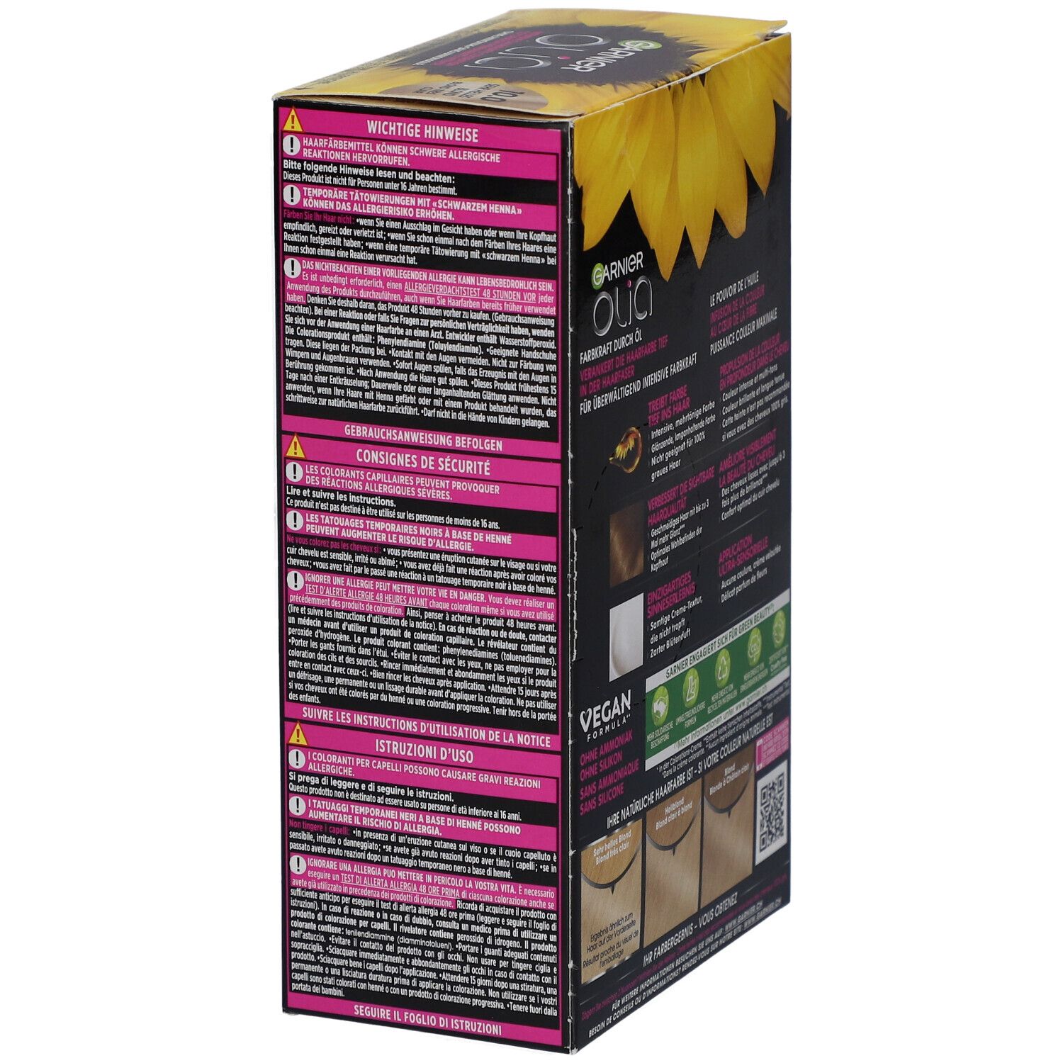Garnier Olia Haarfarbe, Verpackung mit Warnhinweisen und Sicherheitsinformationen. Text in mehreren Sprachen.
