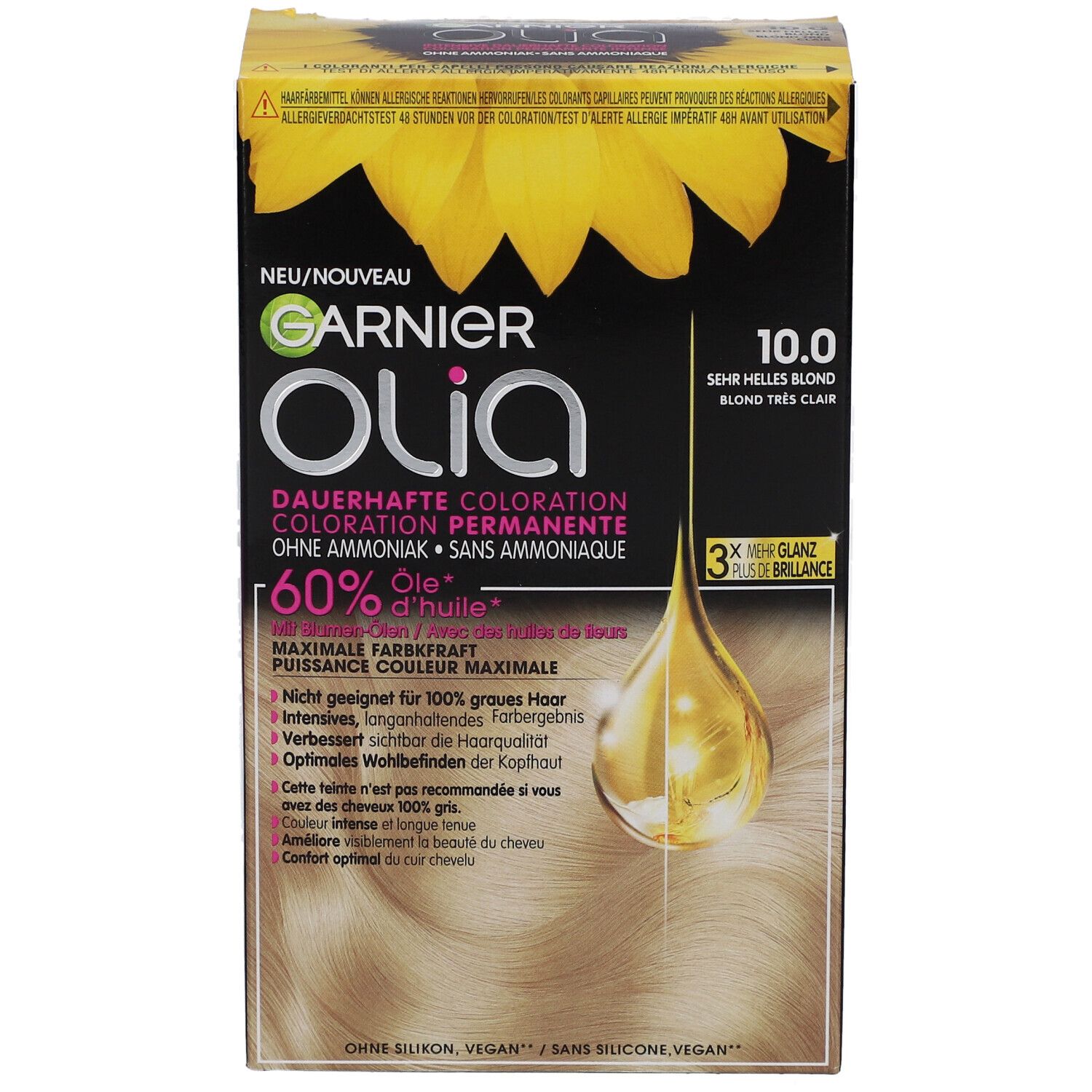 Garnier Olia Haarfarbe, 10.0 Sehr helles Blond. Verpackung mit Produktinformationen und Öl-Tropfen-Illustration.