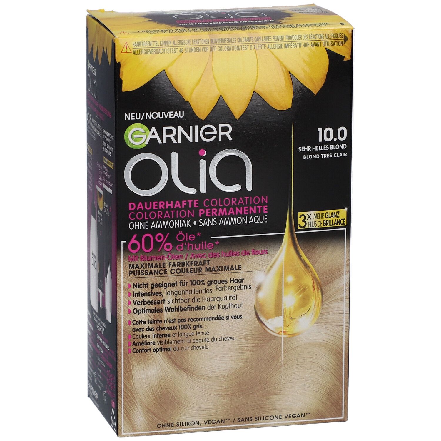 Garnier Olia Haarfarbe, 10.0 Sehr helles Blond. Verpackung mit Produktinformationen und Öl-Tropfen-Illustration.
