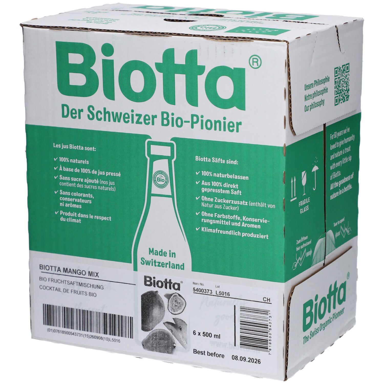 Carton de BIOTTA Mango Mix Bio. Inscriptions : Le pionnier bio suisse, 6 x 500 ml, cocktail de fruits bio.