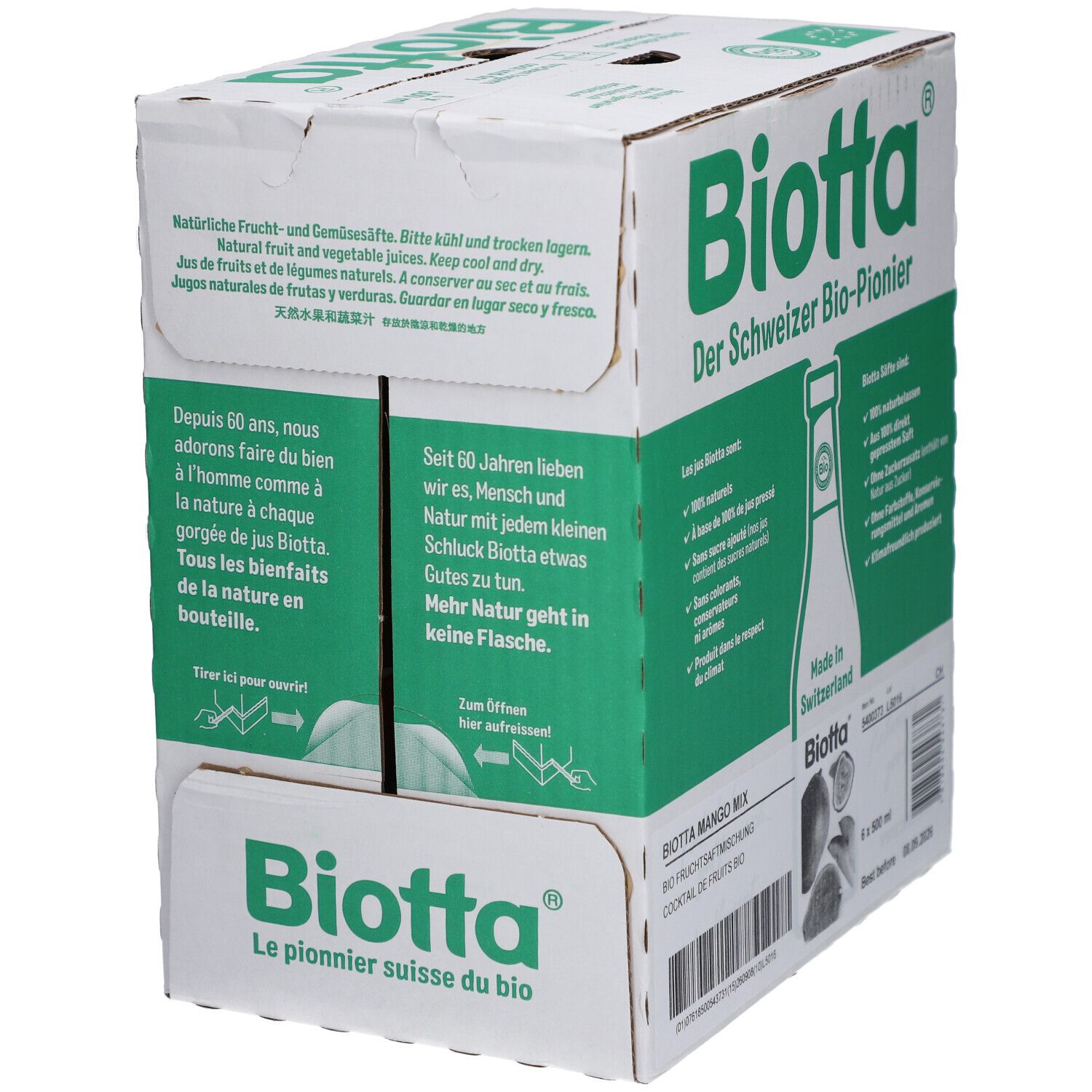 Carton avec logo BIOTTA. Texte : Jus de fruits et légumes naturels. Conserver au sec et au frais. Depuis 60 ans...