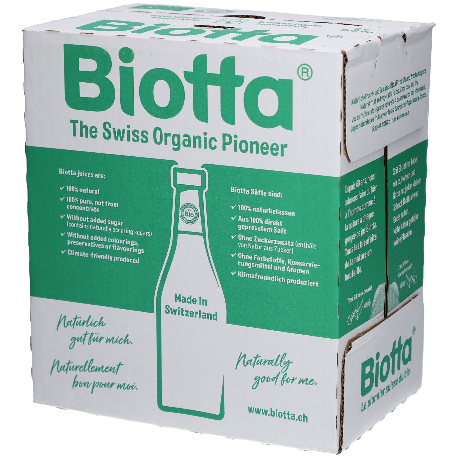 Carton avec logo BIOTTA. Texte : The Swiss Organic Pioneer. Naturellement bon pour moi. www.biotta.ch. Bouteille.