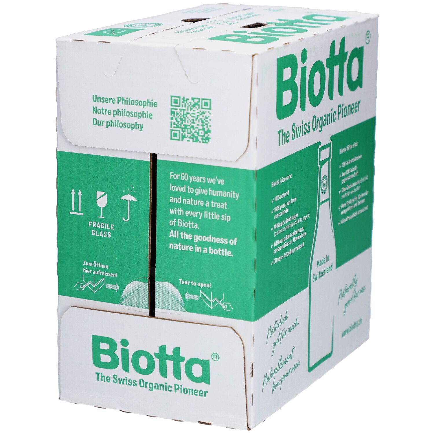 Carton avec logo BIOTTA. Texte : The Swiss Organic Pioneer. Notre philosophie. All the goodness of nature in a bottle.