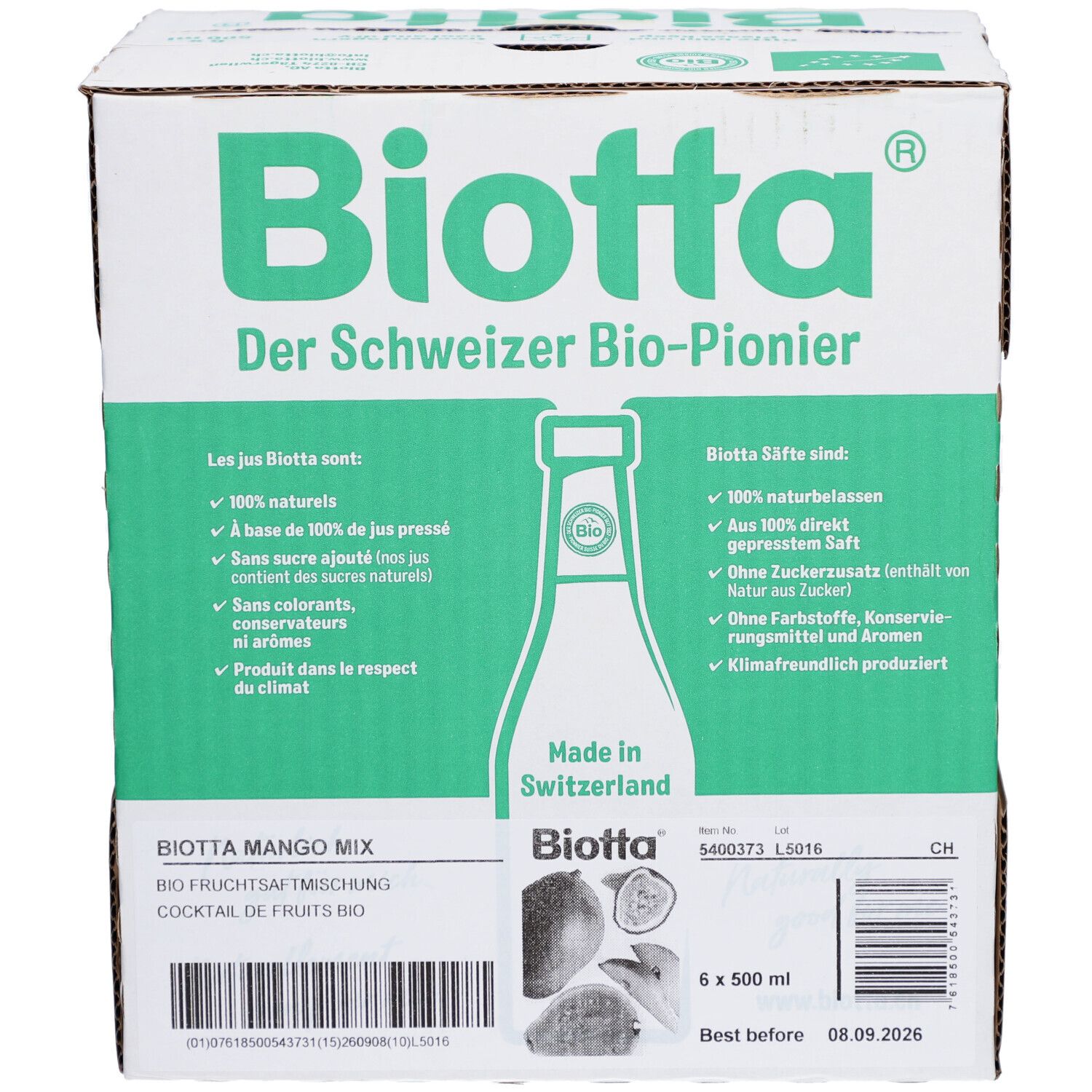Carton de BIOTTA Mango Mix Bio. Inscriptions : Le pionnier bio suisse, 6 x 500 ml, cocktail de fruits bio.