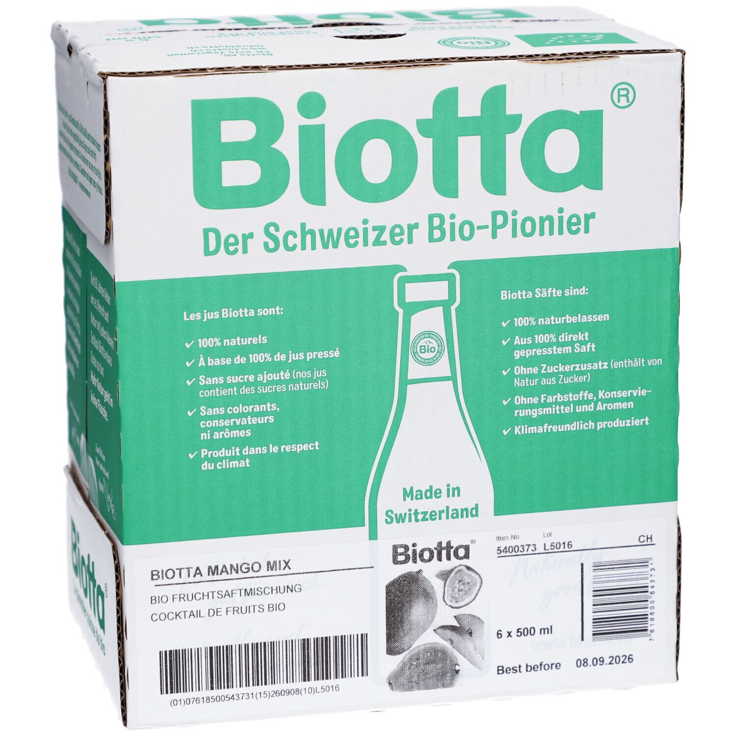Carton de BIOTTA Mango Mix Bio. Inscriptions : Le pionnier bio suisse, 6 x 500 ml, cocktail de fruits bio.
