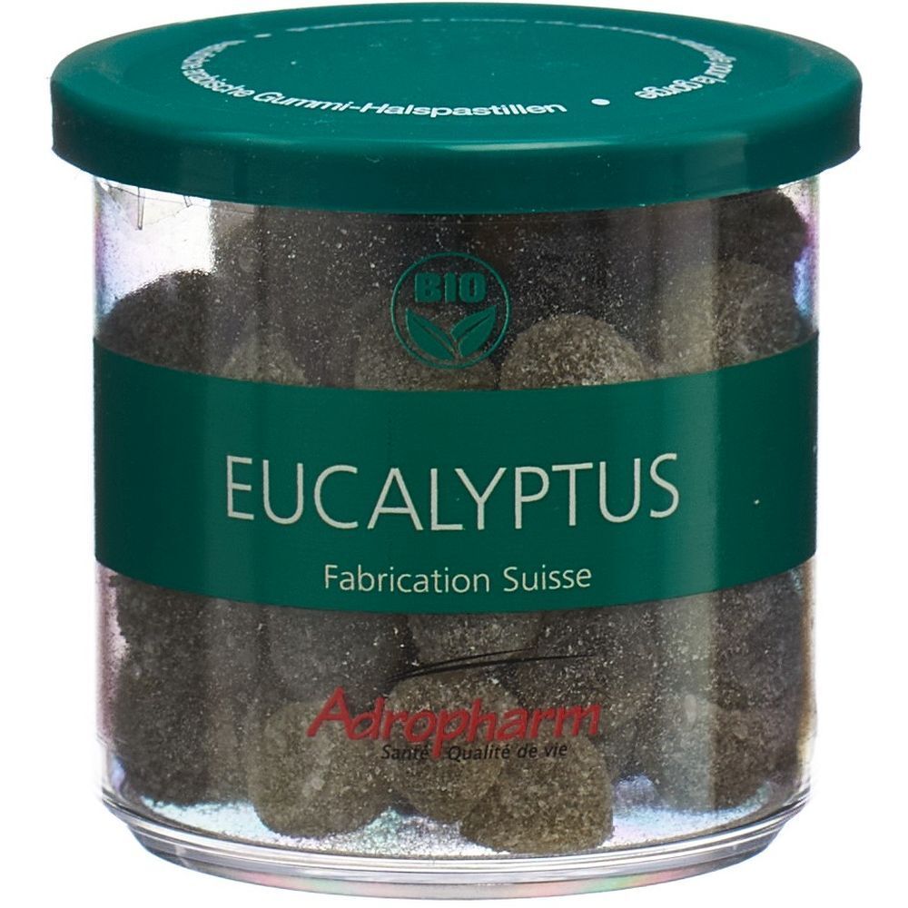 Pot de pastilles. Couvercle et étiquette verts avec "EUCALYPTUS" et "Adropharm". Label bio.