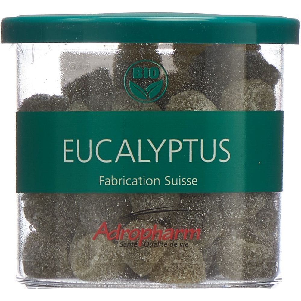 Pot de pastilles. Couvercle et étiquette verts avec "EUCALYPTUS" et "Adropharm". Label bio.