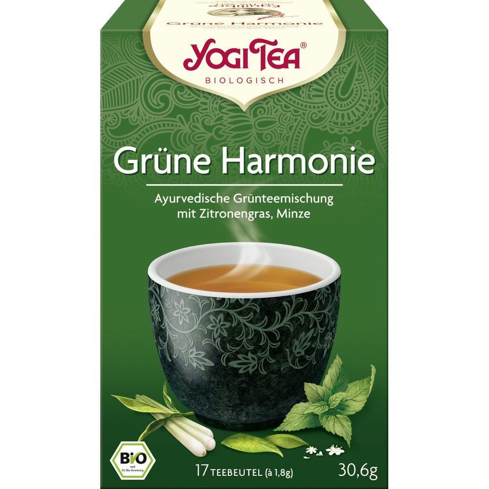 Grüne Harmonie Tee. Grün, rechteckige Verpackung. Yogi Tea Logo. 17 Teebeutel. Bio-Siegel.