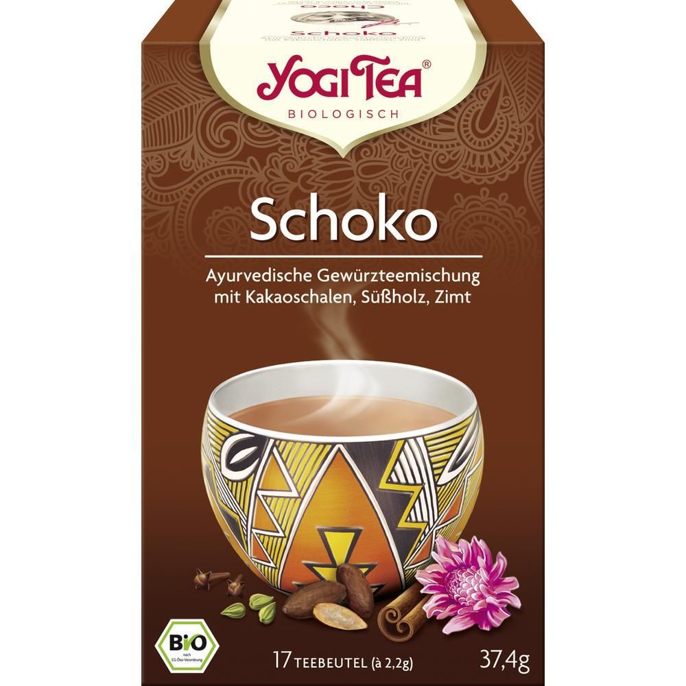 Braune Schachtel mit Yogi Tea Schoko. 17 Teebeutel, 37,4g. Abbildung einer Tasse Tee mit Zutaten.