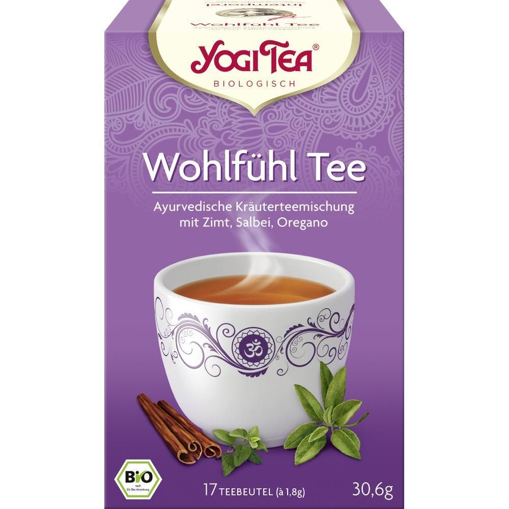 Yogi Tea Wohlfühl Tee Packung. Lila Box mit Tasse, Zimtstangen und Kräutern. 17 Teebeutel, 30,6g. Bio-Siegel.