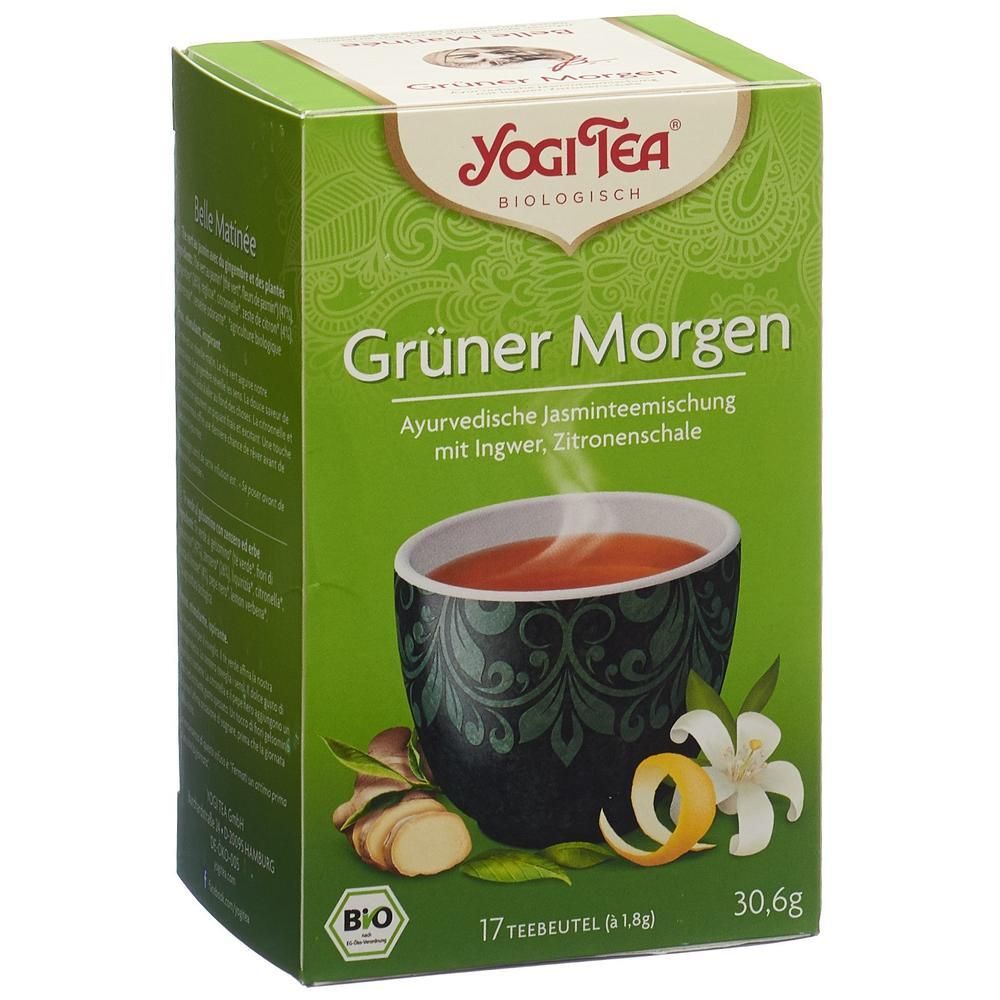 Grüner Morgen Tee von Yogi Tea. Grün verpackt, mit Abbildung einer Tasse Tee und Zutaten. 17 Beutel.