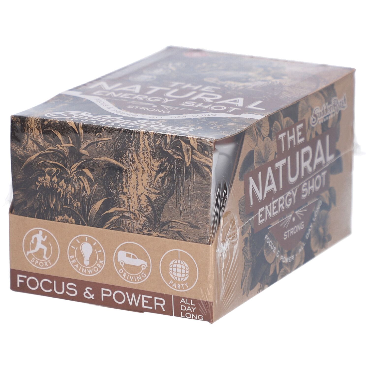 Kartonverpackung mit Aufschrift "THE NATURAL ENERGY SHOT". Aufdrucke: Sport, Brainwork, Driving, Party. Fokus & Power.