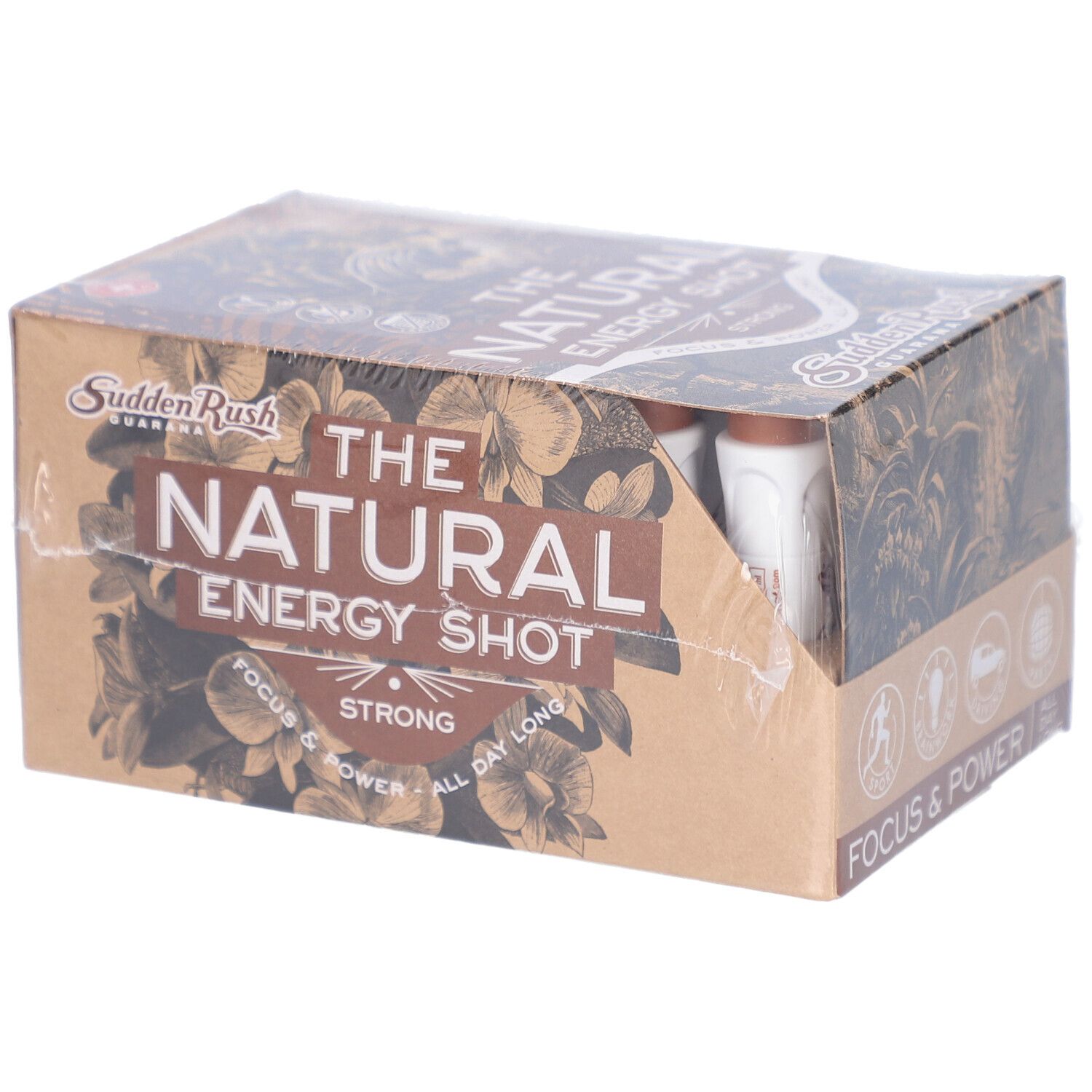 Kartonverpackung mit "THE NATURAL ENERGY SHOT". Sichtbar: Flaschen. Aufdrucke: Fokus & Power. Marke: Sudden Rush.