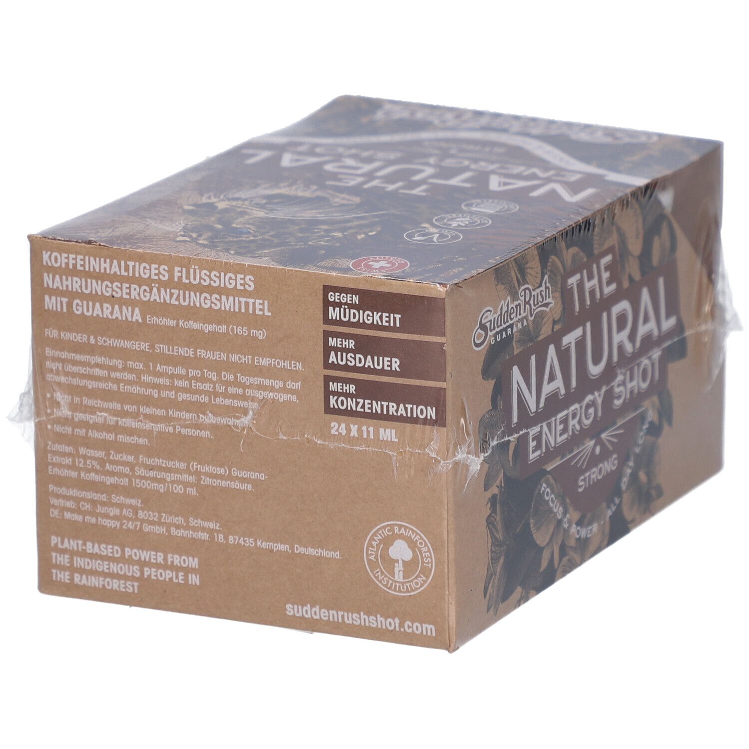 Kartonverpackung mit Text. Aufschrift: Koffeinhaltiges Flüssigkeitsmittel mit Guarana. Marke: Sudden Rush. 24 x 11 ml.