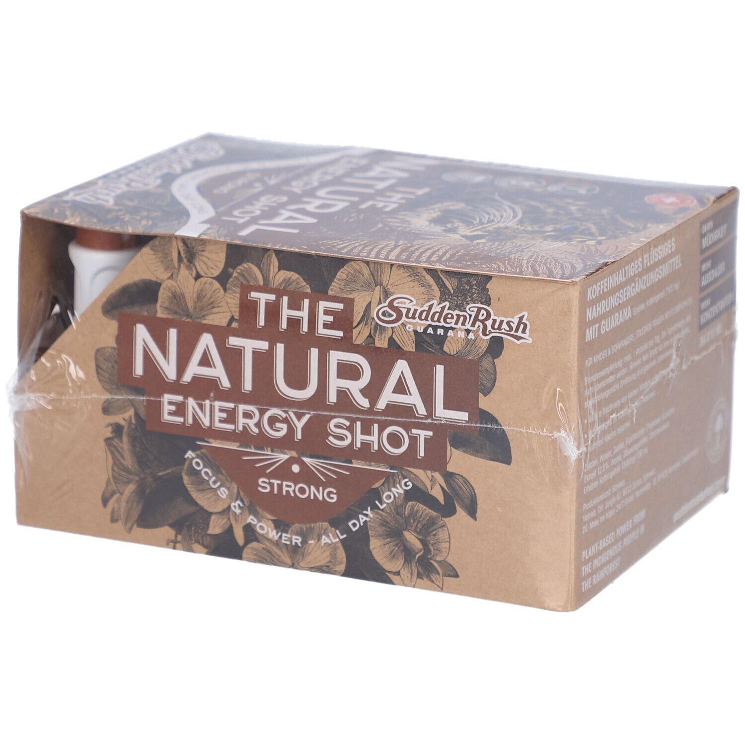Kartonverpackung mit "THE NATURAL ENERGY SHOT". Sichtbar: Flaschen. Marke: Sudden Rush. Aufdrucke: Fokus & Power.