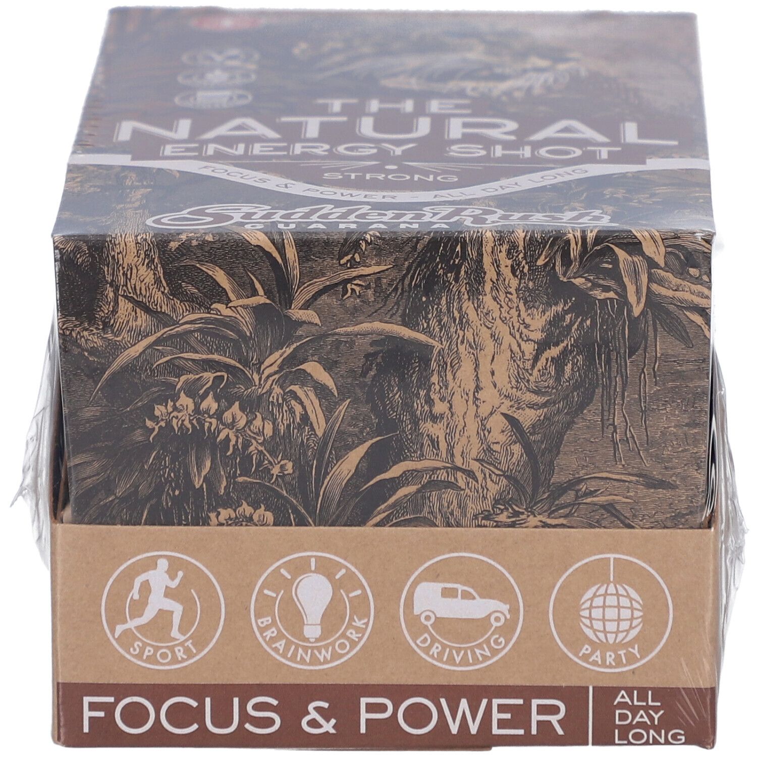 Kartonverpackung mit "THE NATURAL ENERGY SHOT". Aufdrucke: Sport, Brainwork, Driving, Party. Fokus & Power. Marke: Sudden Rush.