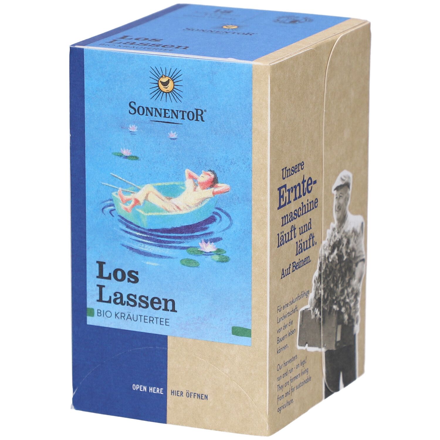 Boîte de thé SONNENTOR Loslassen. Face avant avec logo, nom du produit et illustration d'une personne dans un bateau.