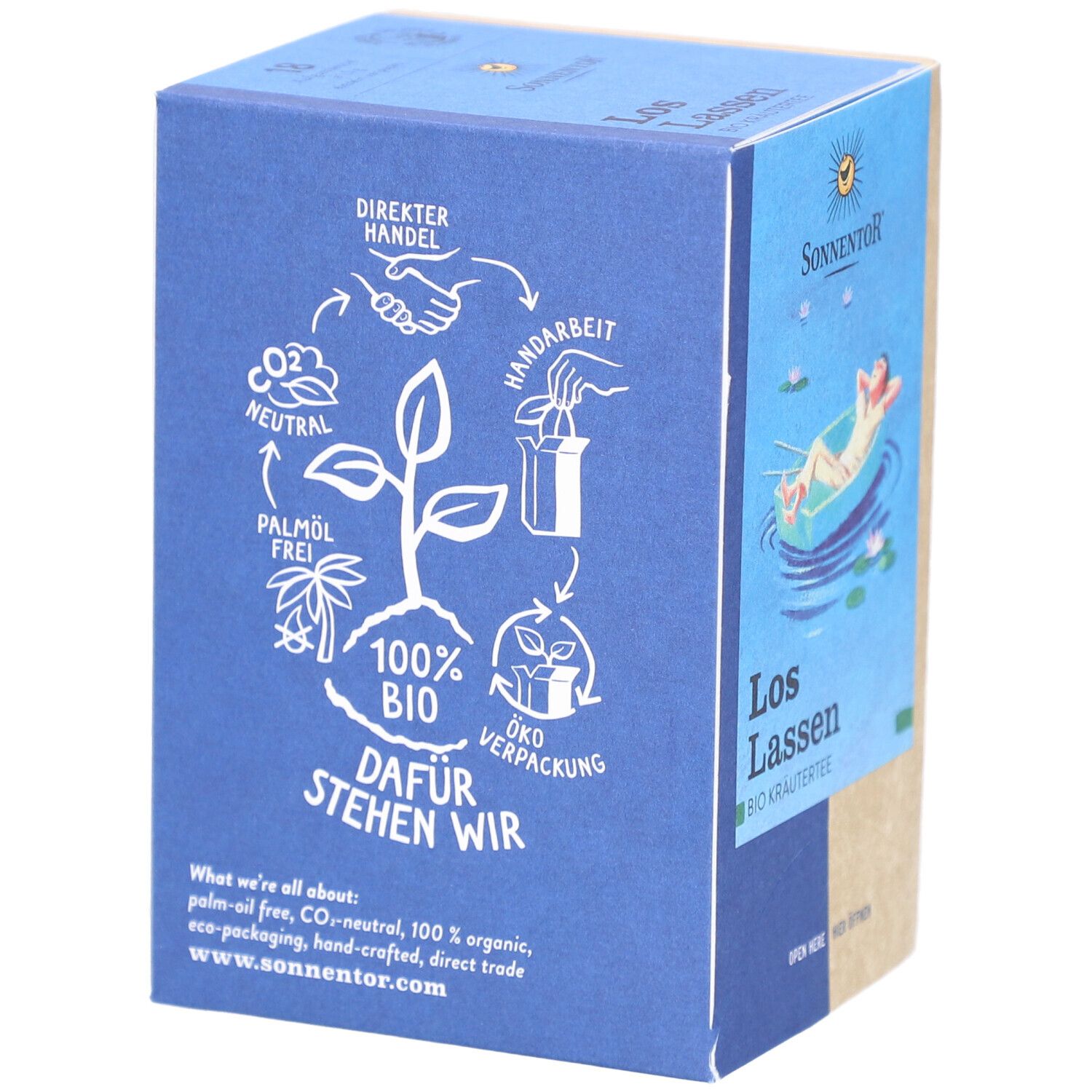 Boîte bleue avec symboles et texte blancs. Contient des informations sur l'absence d'huile de palme, la neutralité carbone et la certification bio.