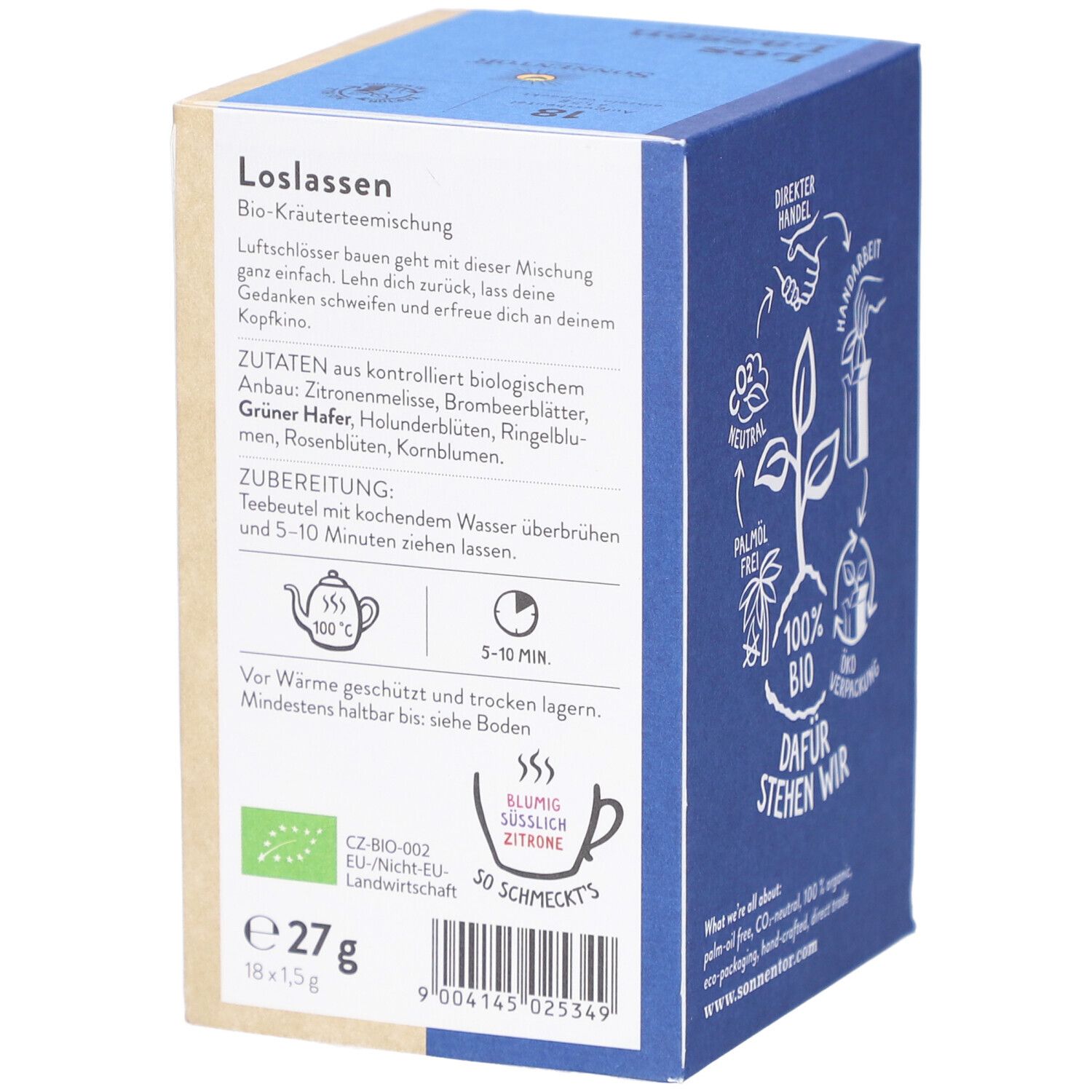 Dos de la boîte de thé avec liste des ingrédients, instructions de préparation et label bio. Contient 18 sachets de 1,5g.
