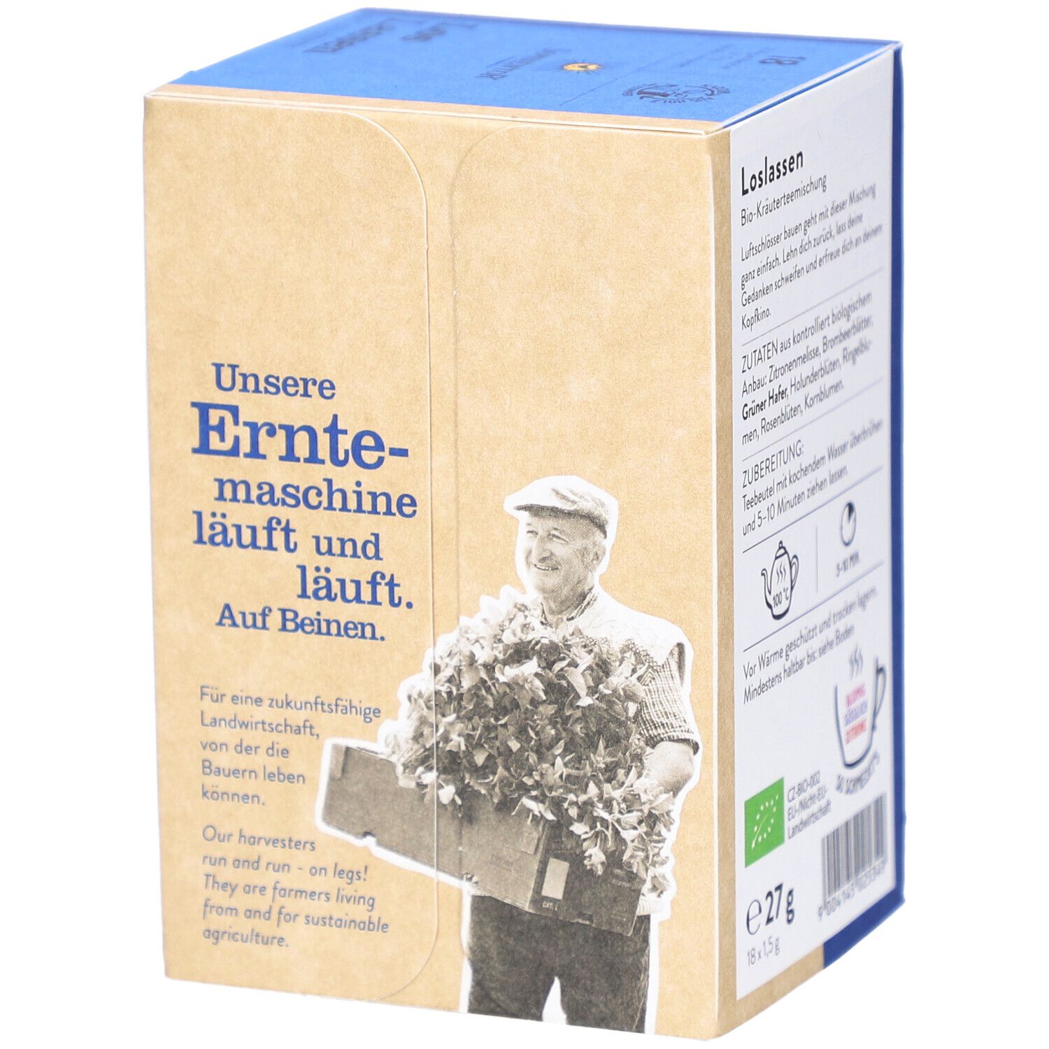 Côté de la boîte de thé avec texte et illustration d'un homme avec des récoltes. Contient des informations sur l'agriculture durable.