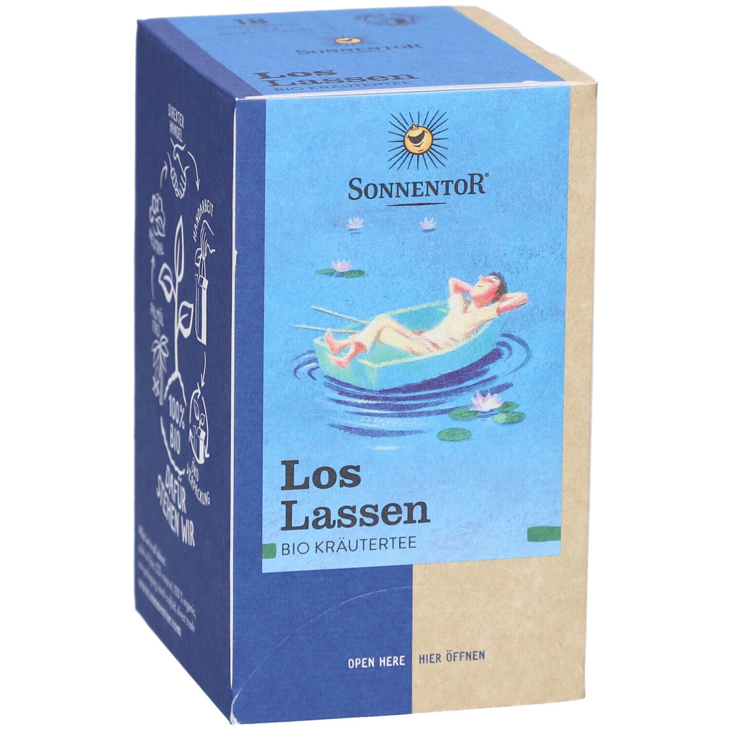 Boîte de thé SONNENTOR Loslassen. Face avant avec logo, nom du produit et illustration d'une personne dans un bateau.