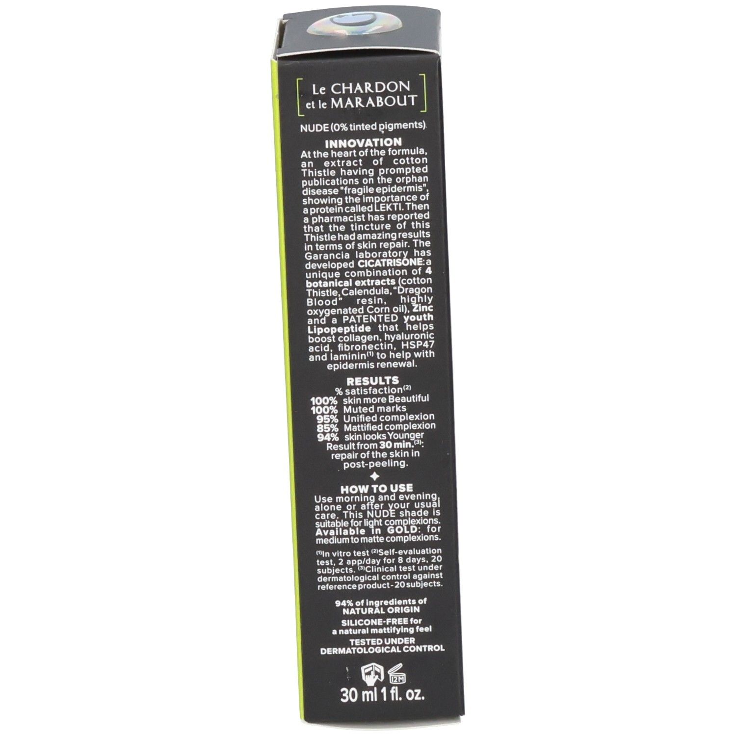 Seite der BB Cream-Verpackung mit detaillierten Informationen über Innovation und Ergebnisse.