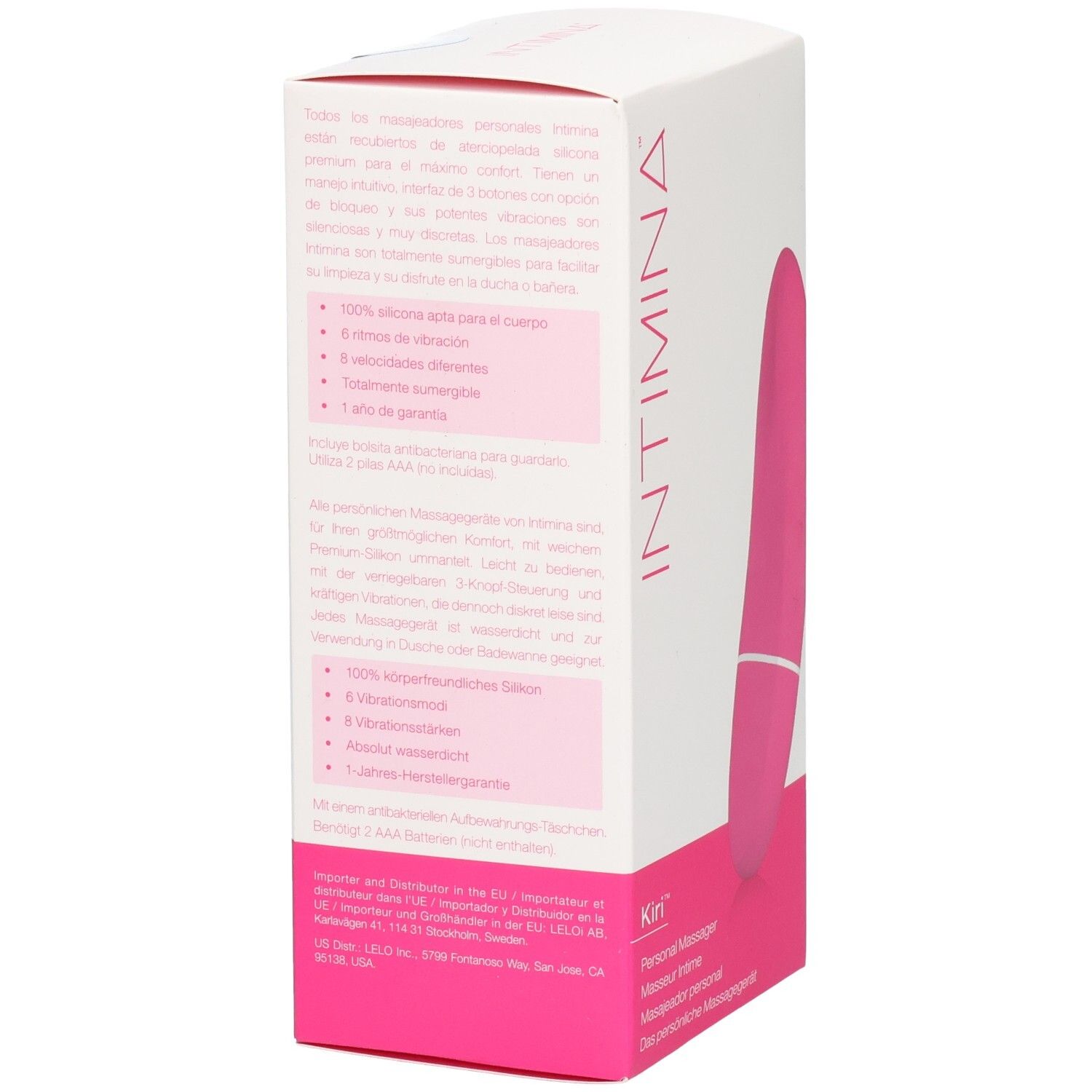 Dos de l'emballage blanc. Texte multilingue. Bande rose avec nom et logo du produit.