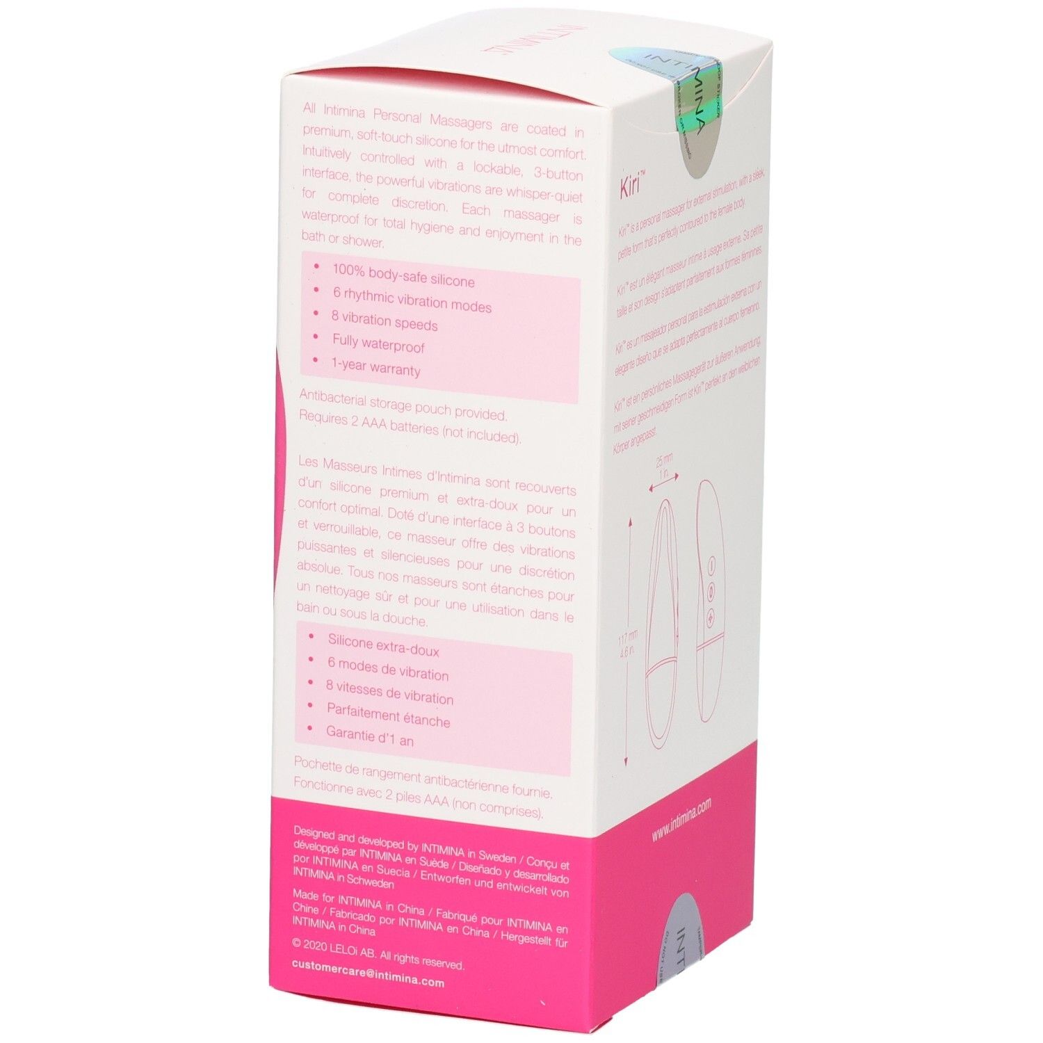 Dos de l'emballage avec caractéristiques du produit. Texte multilingue. Image du produit.