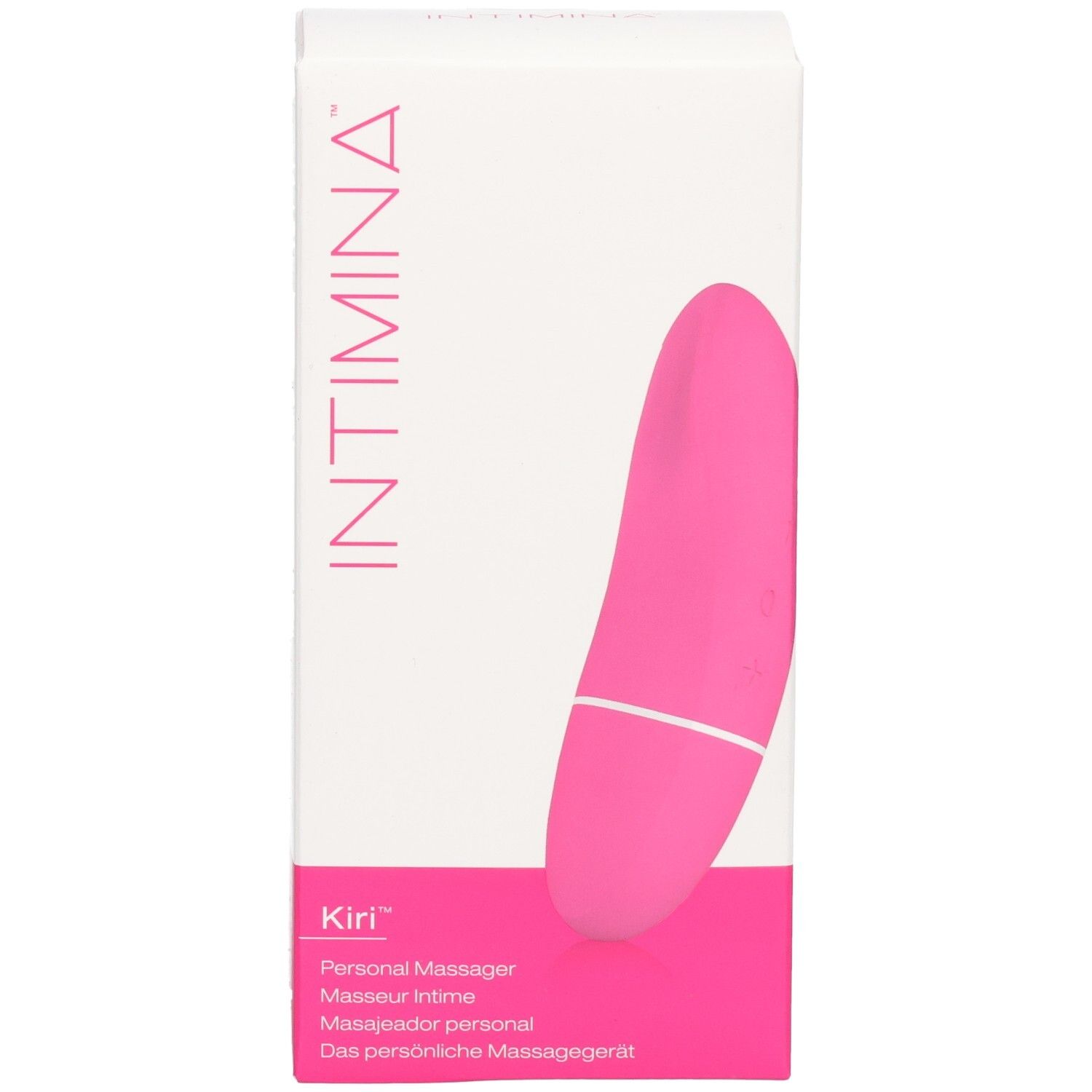 Boîte blanche avec masseur rose. Inscriptions: INTIMINA, Kiri, Personal Massager. Image du produit.
