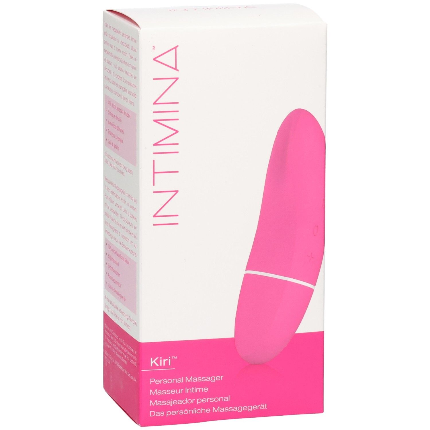 Boîte blanche avec masseur rose. Inscriptions: INTIMINA, Kiri, Personal Massager. Image du produit.
