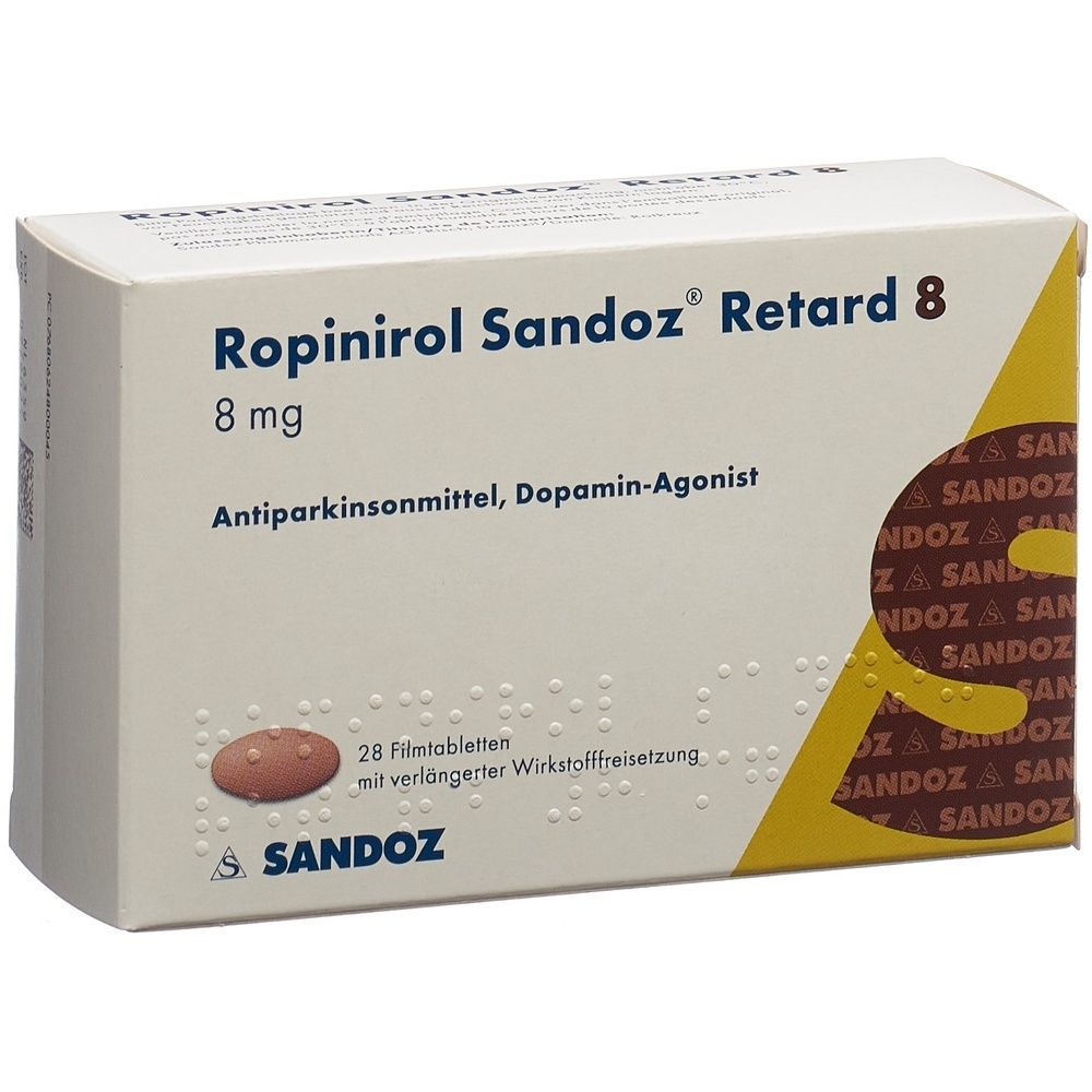 Verpackung von ROPINIROL Sandoz Retard Ret Tabl 8 mg. Rechteckige Schachtel mit Produktnamen und Logo.