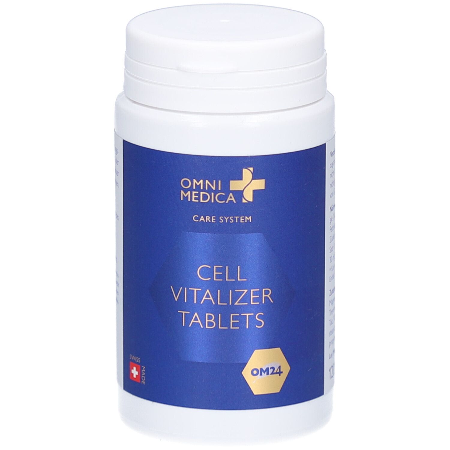 Flacon de comprimés blanc avec étiquette bleue. OMNI MEDICA CARE SYSTEM, CELL VITALIZER TABLETS, OM24. Drapeau suisse.