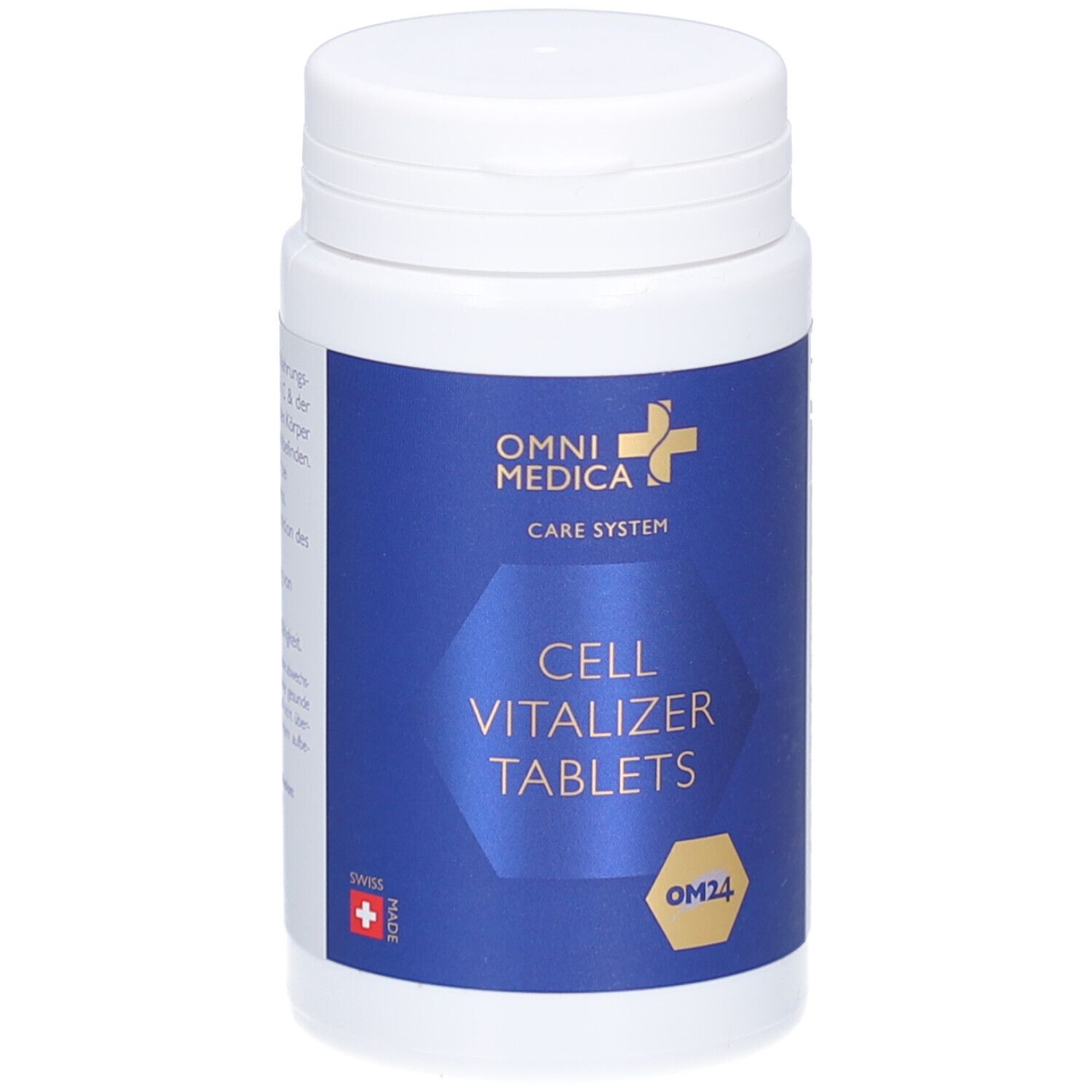 Flacon de comprimés blanc avec étiquette bleue. OMNI MEDICA CARE SYSTEM, CELL VITALIZER TABLETS, OM24. Drapeau suisse.