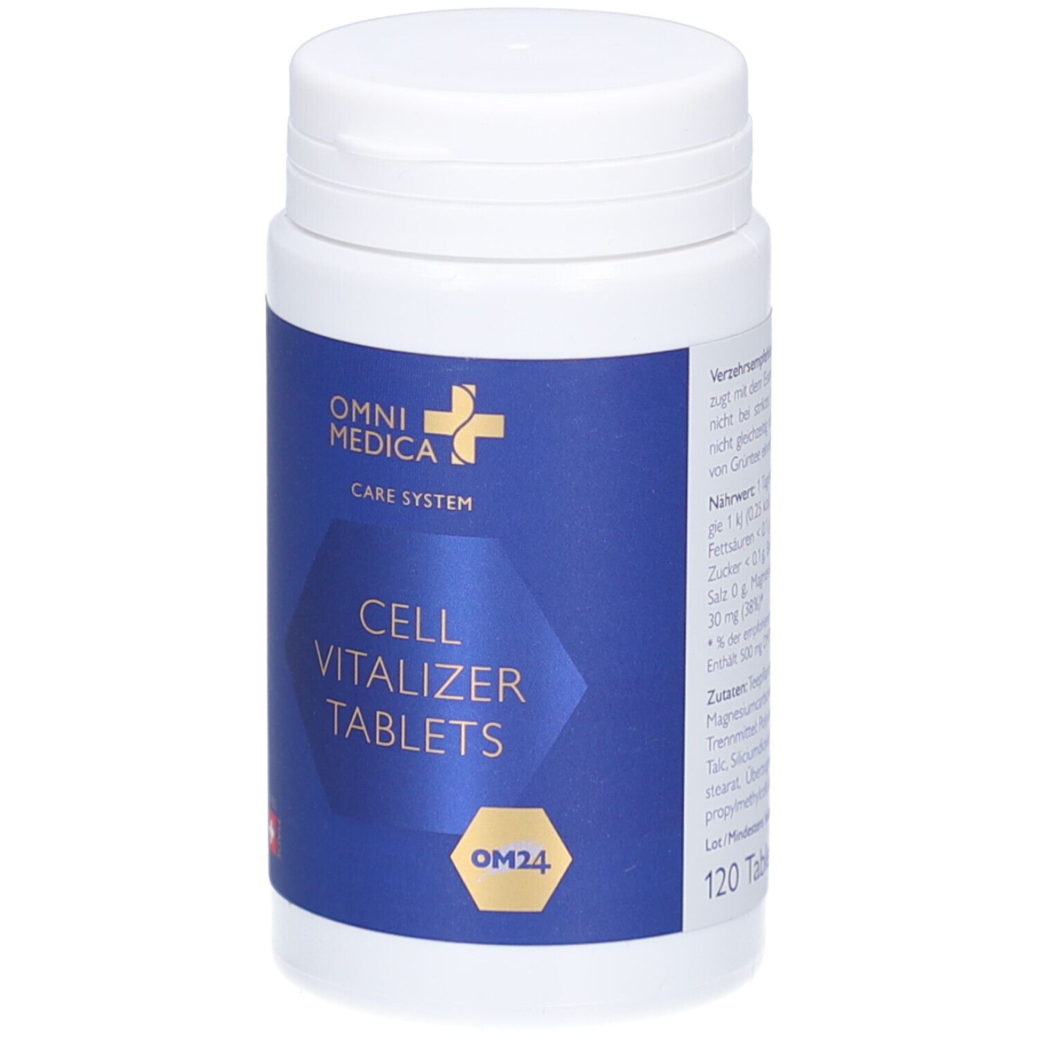 Flacon de comprimés blanc avec étiquette bleue. OMNI MEDICA CARE SYSTEM, CELL VITALIZER TABLETS, OM24, 120 comprimés.