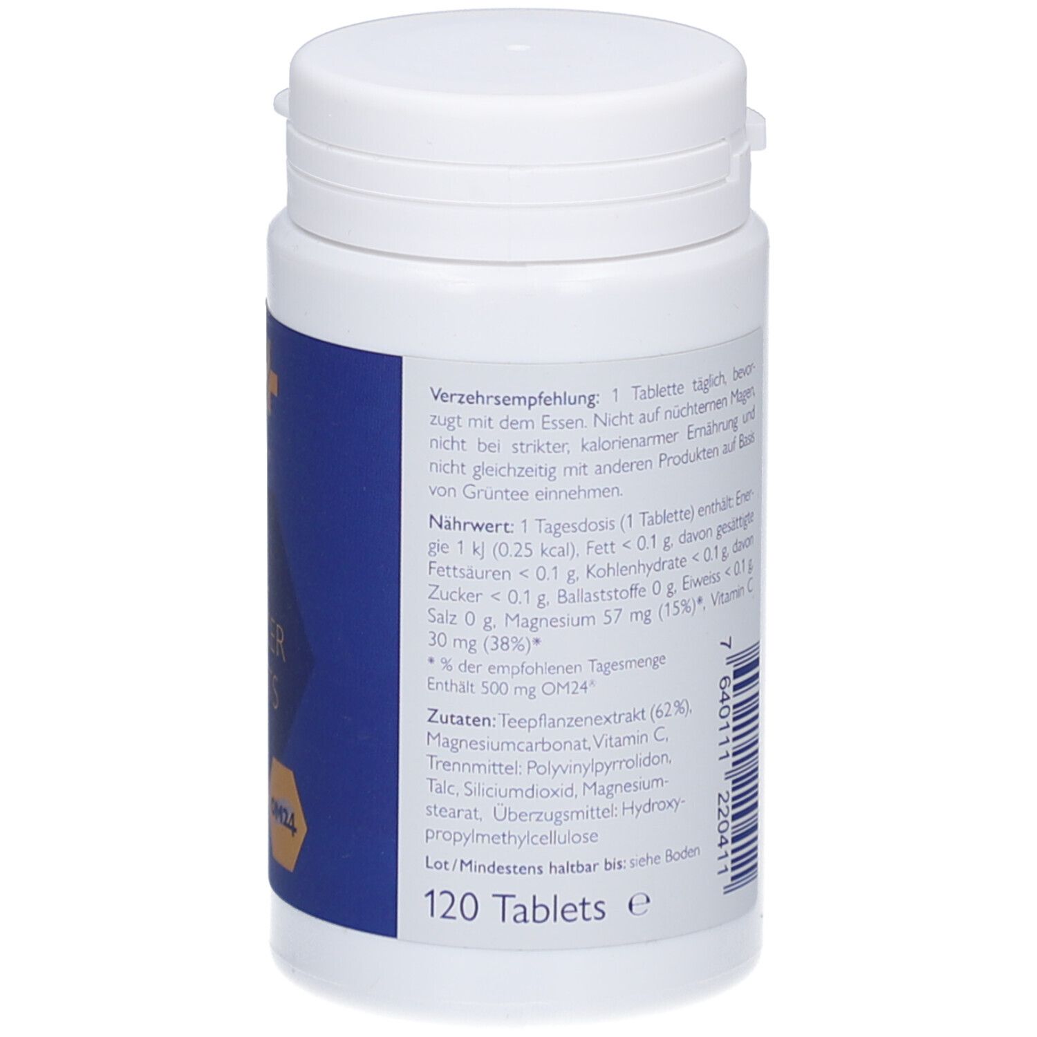 Dos du flacon de comprimés blanc. Texte sur ingrédients et valeurs nutritionnelles. 120 comprimés.